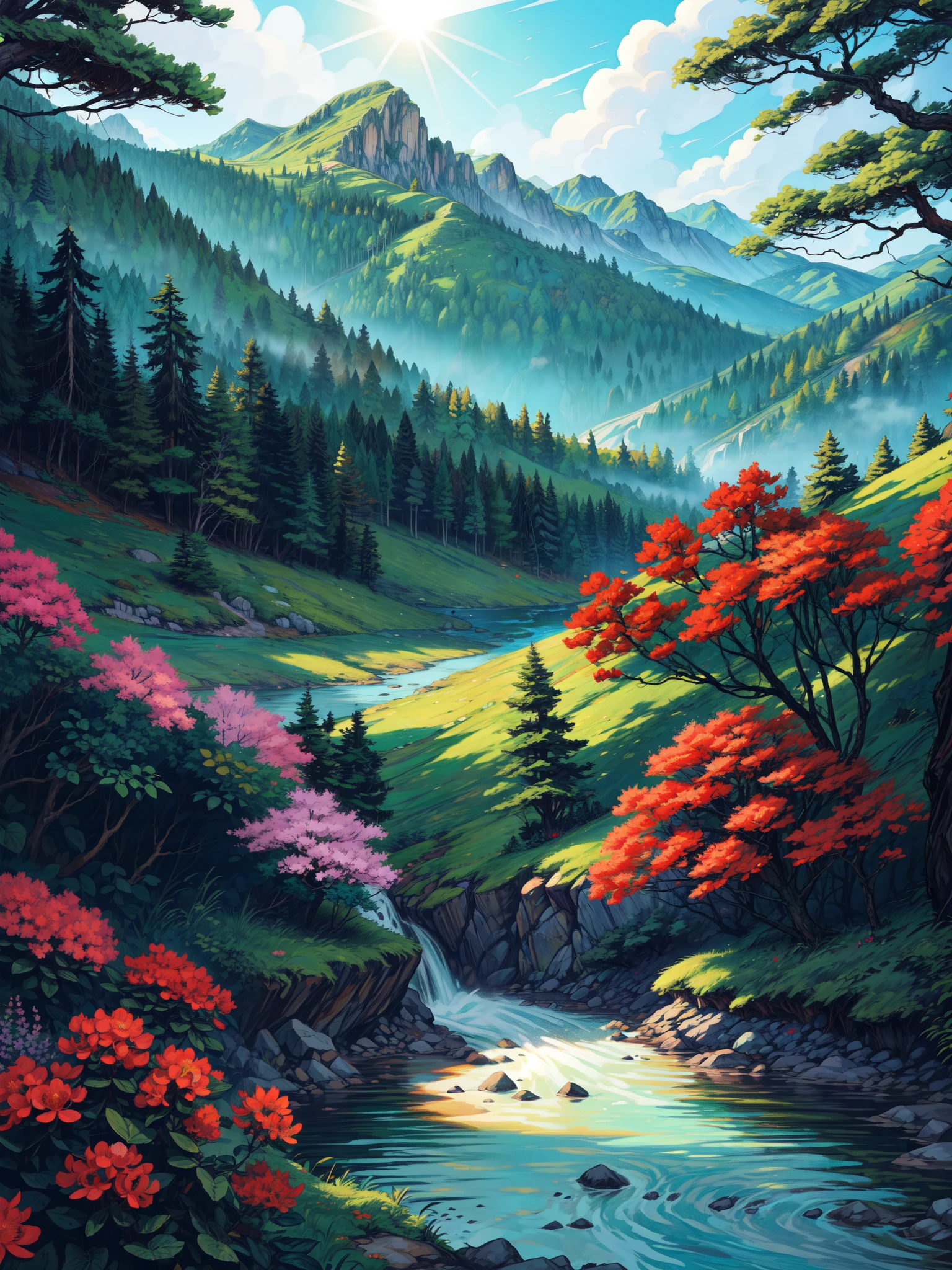 wide view, forest of rhododendron trees, adventure, day light, long grass, green mountains, granite cliffs, big red flowers, ancient trees with big red flowers, zig zag river flowing in background, vast blue sky, light shining on part of foliage, micro landscape, intrinsic details