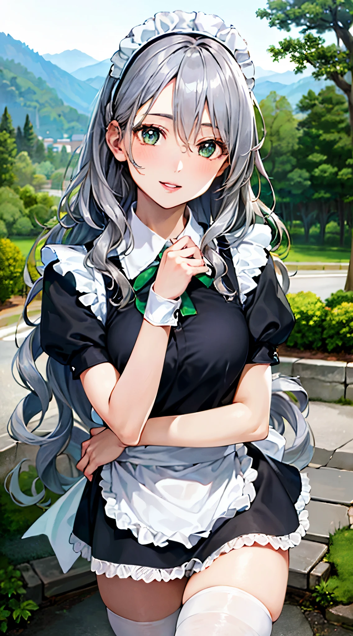 (masterpiece:1.3, top-quality), ultra high res, ultra detailed, (realistic, photorealistic:1.4), beautiful illustration, perfect lighting, colorful, depth of fields, 
looking at viewer, (face focus, upper body), 1 girl, solo, , hight school girl, gyaru, (large breasts:0.8, large ass, seductive thighs, skindentation),
(long hair:1.6, wavy hair:1.4, silver hair), hair between eyes, emerald green eyes, drooping eyes, big eyes, shiny skin, 
beautiful hair, beautiful face, extremely detailed face, beautiful detailed eyes, beautiful clavicle, beautiful body, beautiful chest, beautiful thigh, beautiful legs, beautiful fingers, 
(beautiful scenery), daytime, outdoors,
((detailed cloth texture, miniskirt maid, thigh-highs)), garnet necklace, 
(walking, (hand in own hair)), (seductive-smile, parted lips), 