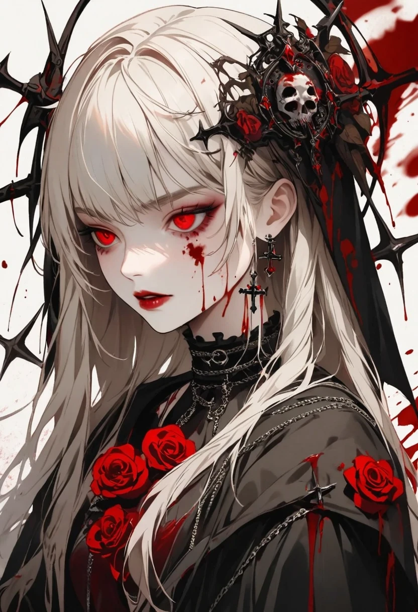 Alafd image，One was wearing a black robe、Girl holding red roses, blood spatter，blood pool，cross，Gothic elements，Beautiful goddess of death, a scary, portrait of death, A harbinger of death, punk ,
