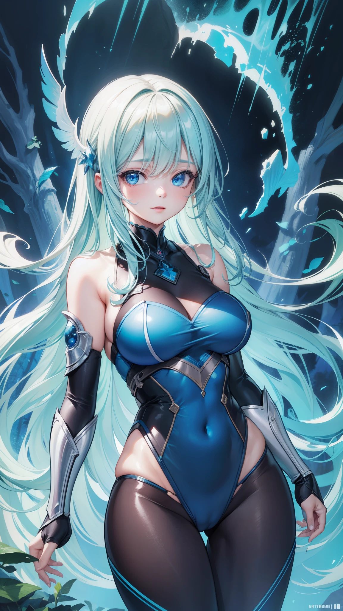 32k, best quality, ultra high res, HDR, UHD, extremely detailed CG, unity 32k wallpaper, happy girl, in the center, looking at camera, approaching perfection, dynamic, (with shades of blue ((forest green 1.5)))), very detailed, digital painting, artステーション, コンセプトart, Smooth, sharp focus, figure, art:Carne Griffith and Vadim Kashin, detailed face, 4k