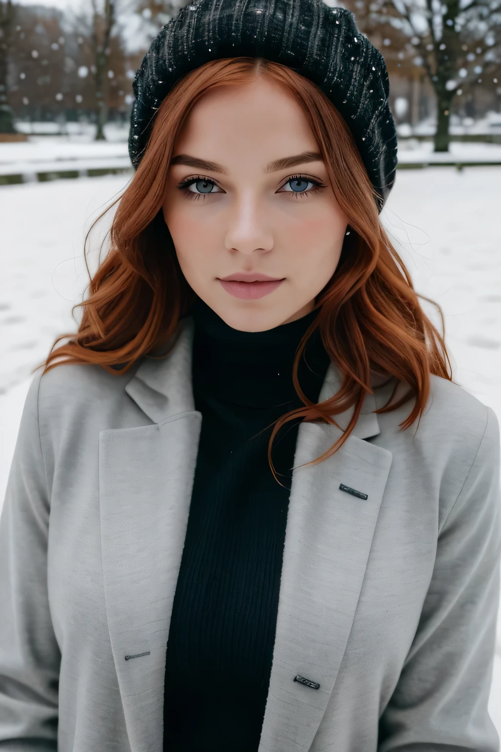 1 fille dans, 19 ans, seulement, Aesthetic work, rousse irlandaise, wavy red hair, cheveux roux mi-longs, yeux gris, yeux gris clair, quelques petites taches de rousseur, pale skin, Une tasse, gros seins, E cup, giant tits,m naturels, bonnet e, corps des coureurs, (textured skin, pores de la peau:1.1), (taupes:0.8), peau imparfaite, chair de poule, dehors dans le parc de la ville, Chemin de pierre, Neige, end of year weather'automne, (Fond d'extremely detailed 8k screen), soft lighting, high quality, grain de film, Mise au point nette du Fujifilm XT3, f5.6, 50mm, high detail, sharpness,(natural light), (veste d'hiver noire: 1.3), pull-over, leggings, crazy details, intricate details, super detailed, porter leggings de sport bleu