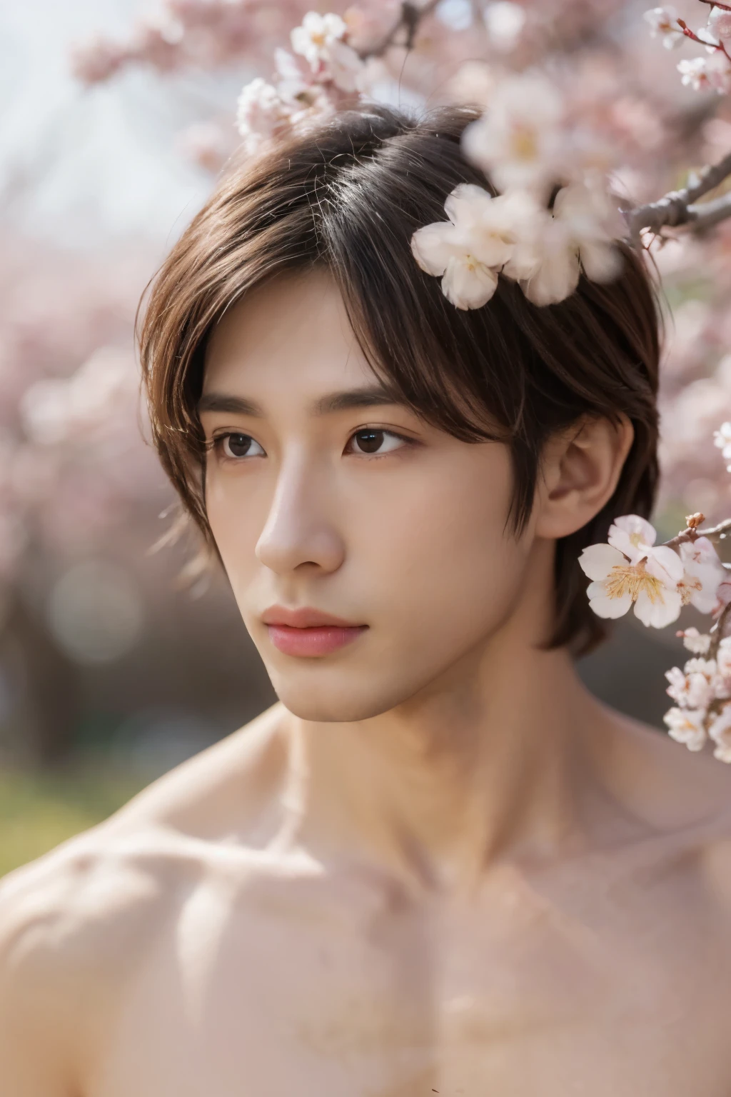 masterpiece,extremely detailed CG unity 8k wallpaper,1boy, beautiful, realistic, blurry, blurry_background, blurry_foreground, branch, brown_hair, plum blossom, depth_of_field, flower, nose, realistic, solo,chinese, completely naked,