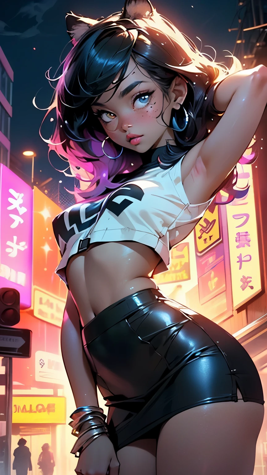 tmasterpiece, best qualityer, 1girll, 独奏, crop tops, denim short, choker necklace, (scribbles:1.5), Back alley、Graffiti artist spray painted wall,paint splatter, Hands behind your back, against a wall, looking a viewer, shairband,(Masterpiece, Best quality, A high resolution:1.4), 1girll, diadems, Hair above one eye, Ed , Woman with her eyes closed and her mouth open,, Facial focus, (((Beautiful actress's face))) , ((Young)), ((Painted)), ((Splash and smear)), (Official painting art))
