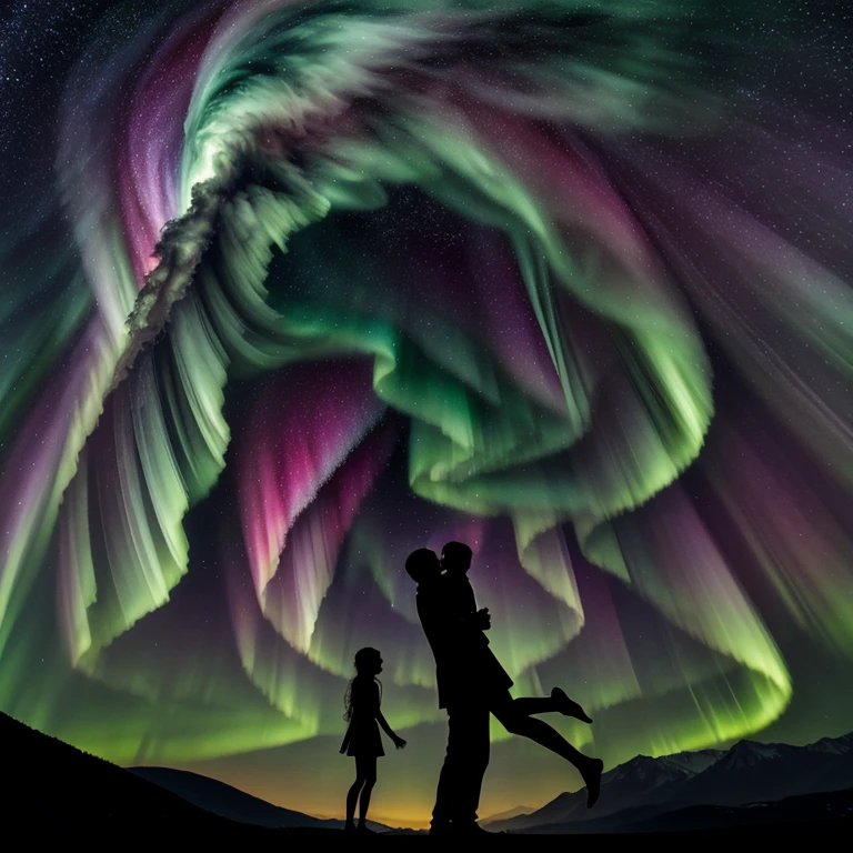 Two translucent humanoid silhouettes embracing, composed of stellar nebulae and aurora borealis