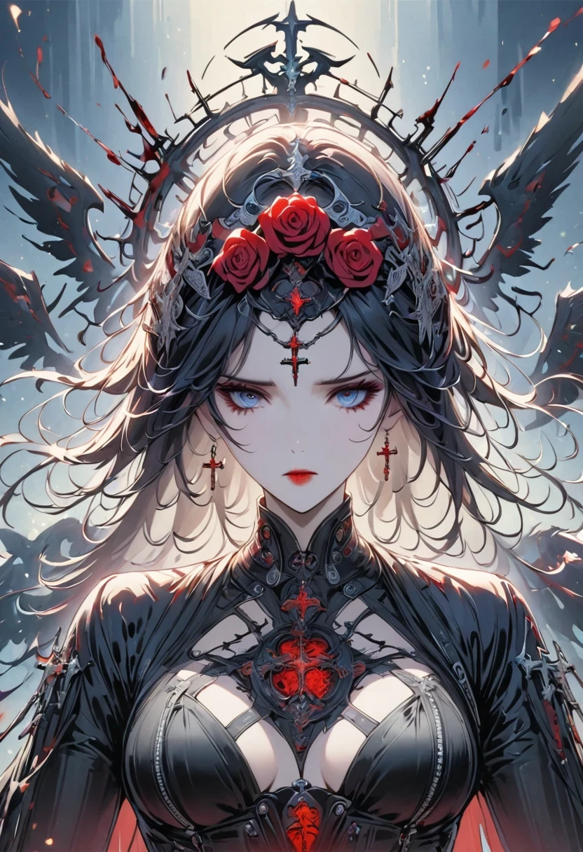 Alafd image,One was wearing a black robe、Girl holding red roses, blood spatter,blood pool,cross,Gothic elements,Beautiful goddess of death, a scary, portrait of death, A harbinger of death, punk ,