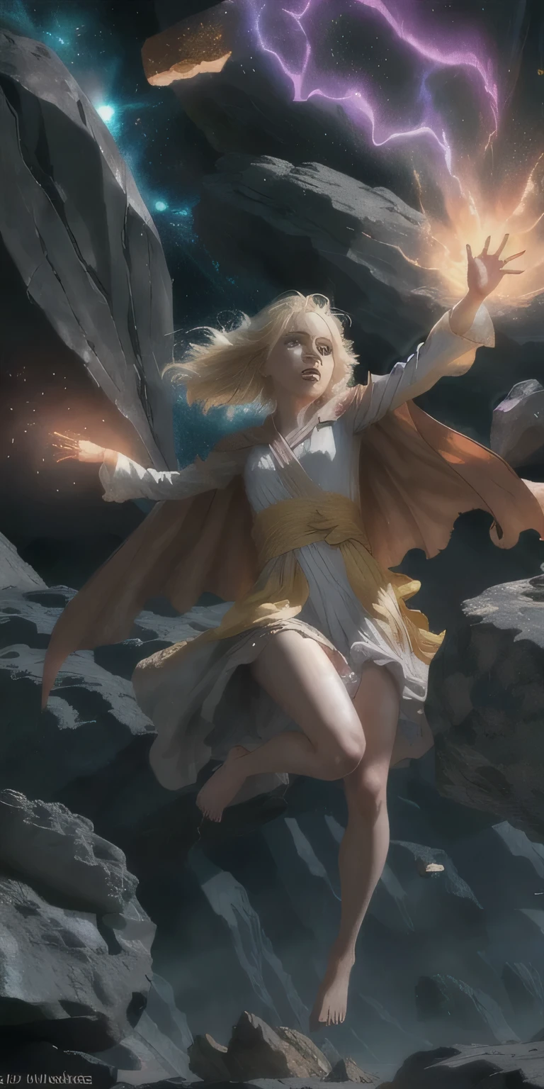 female barefoot summoner levitating with blonde hair robes and cape arms lifted up over a broken earth bright lava light from below asteroid field (jagged rocks boulders and debris shooting into the air:1.3) (windy dust debris storm:1.1) volumetric fog mist ray tracing z pass bright light from below, (masterpiece) (best quality) (detailed) (8k) (cinematic lighting) (sharp focus) (intricate) ,pussy peek