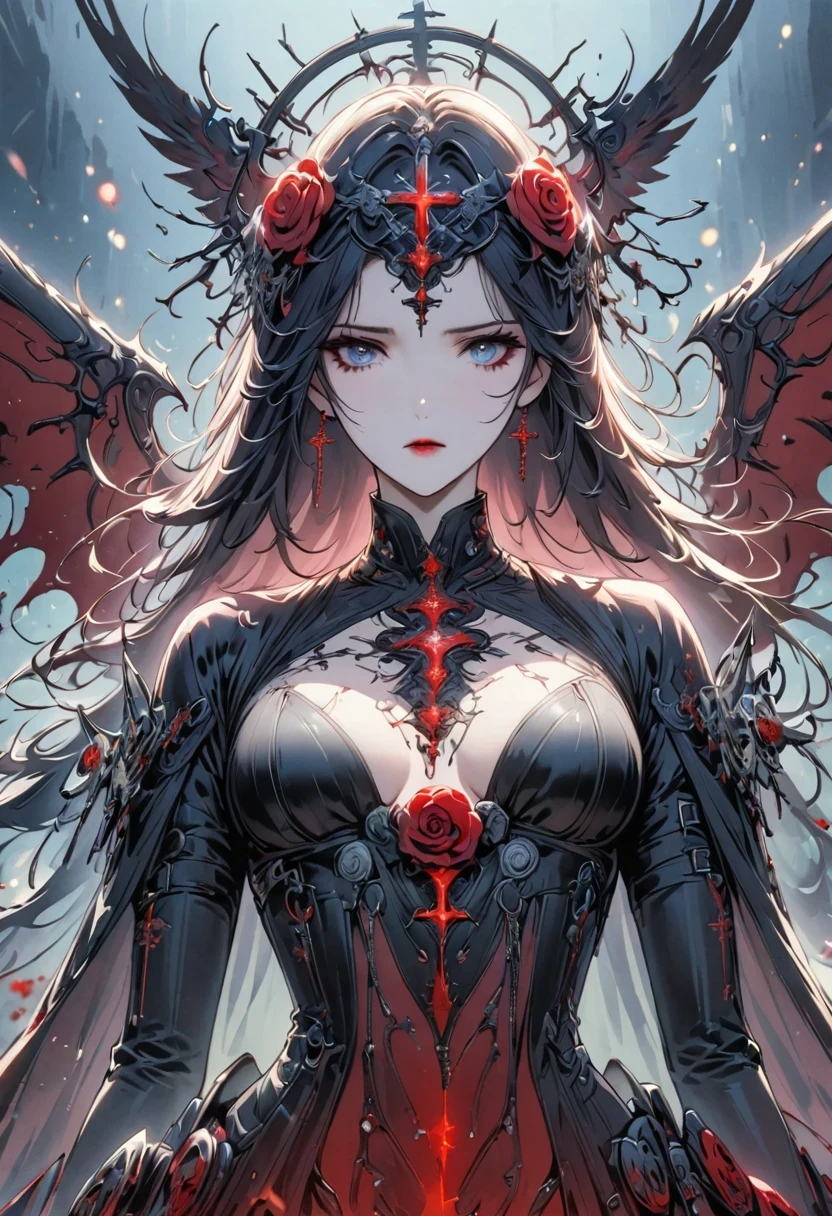 Alafd image,One was wearing a black robe、Girl holding red roses, blood spatter,blood pool,cross,Gothic elements,Beautiful goddess of death, a scary, portrait of death, A harbinger of death, punk ,