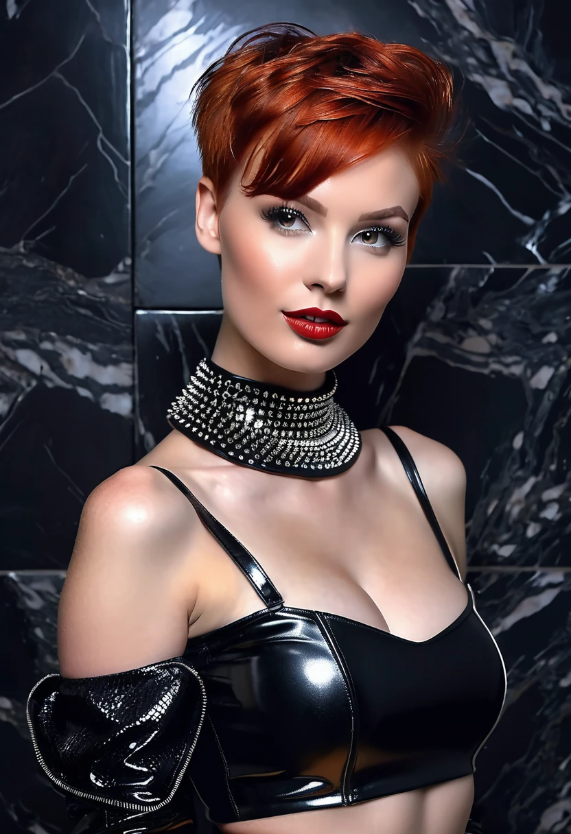 a lascivious young lady with long, short red pixie-haircut. highly detailed face. provocative smile, provocative posing. athletic body. amazing bosom. short tight black leather-pants. silver-coloured off shoulder rubber top. shiny. black spiked collar. posing in the spotlight in front of black marble wall. night. moonlight. extravagant make-up. she is very lascivious and seductive. highly detailed, high quality. foto with Canon EOS 5D Mark IV