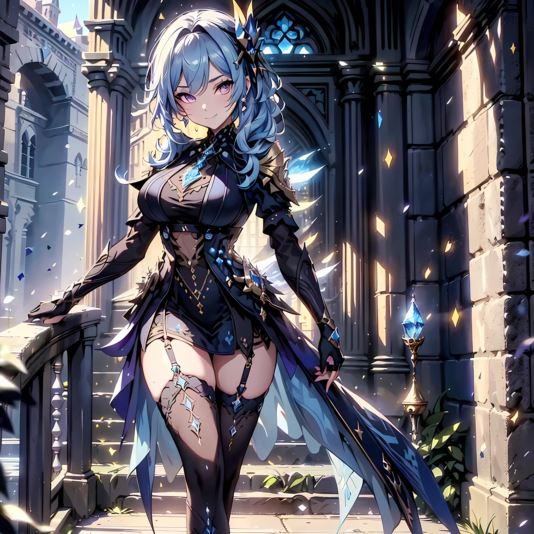 (masterpiece), best quality, expressive eyes, perfect face,((1girl)),(((mature woman))),(blue and black fantasy dress:1.5)),(big breasts:1.2),(sparkles:0.9),(glitters:0.9),crystal amulet, medieval castle scenary,garter belt,high heels,long hair,wavy hair,cleavage,looking at viewer,light smile, eyeshadows, eye liner,glistening eyes, hyper detailed eyes, intricate eyes, beautiful eye, ((glowing yellow and purple pupils))、standing,head tilt,standing on one leg,sexy pose,smiles,(female focus),dynamic angle