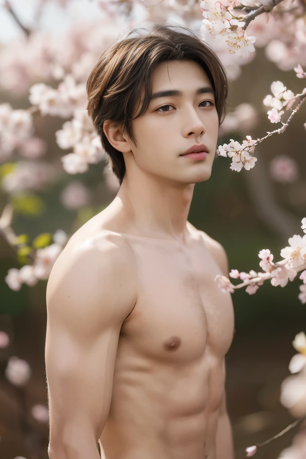 masterpiece,extremely detailed CG unity 8k wallpaper,1boy, beautiful, realistic, blurry, blurry_background, blurry_foreground, branch, brown_hair, plum blossom, depth_of_field, flower, nose, realistic, solo,chinese, completely naked,