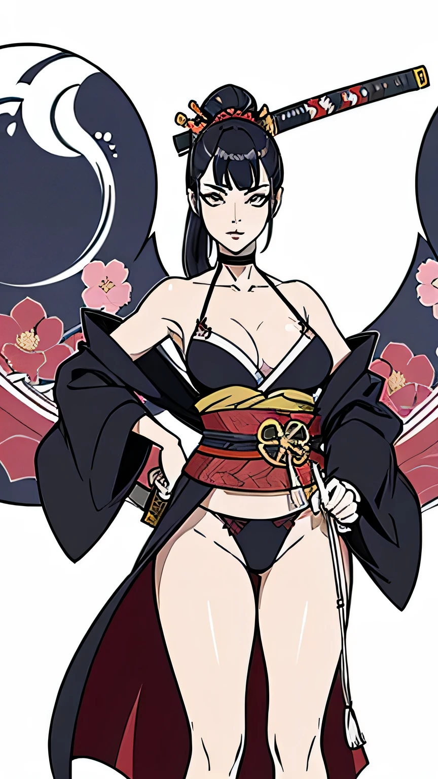 Mujer japonesa con katana, Samurai, tatuaje en el cuerpo, hermosa, rostro detallado, cuerpo completo, kimono sexy corto, ojos lindos