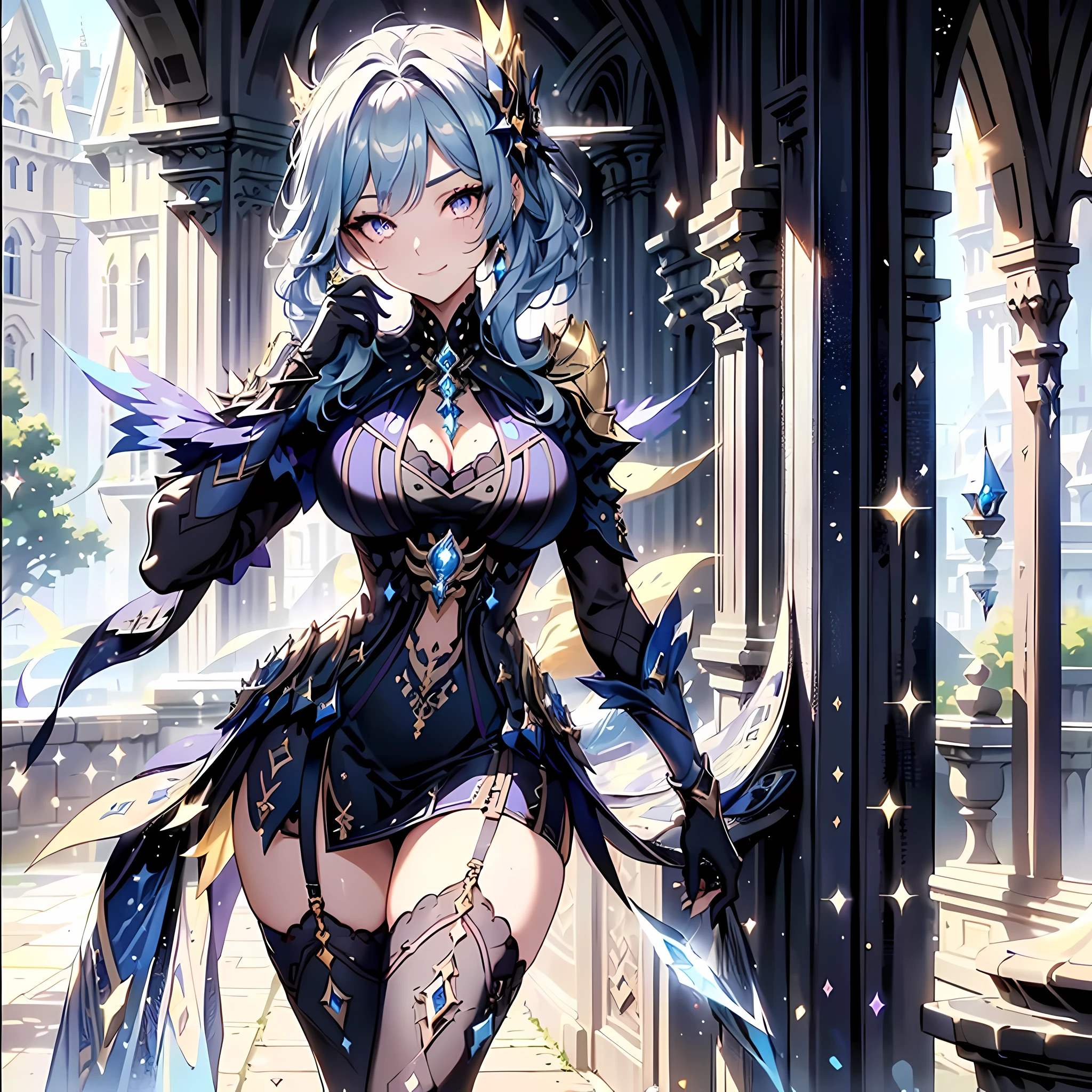 (masterpiece), best quality, expressive eyes, perfect face,((1girl)),(((mature woman))),(blue and black fantasy dress:1.5)),(big breasts:1.2),(sparkles:0.9),(glitters:0.9),crystal amulet, medieval castle scenary,garter belt,high heels,long hair,wavy hair,cleavage,looking at viewer,light smile, eyeshadows, eye liner,glistening eyes, hyper detailed eyes, intricate eyes, beautiful eye, ((glowing yellow and purple pupils))、standing,head tilt,standing on one leg,sexy pose,smiles,(female focus),dynamic angle