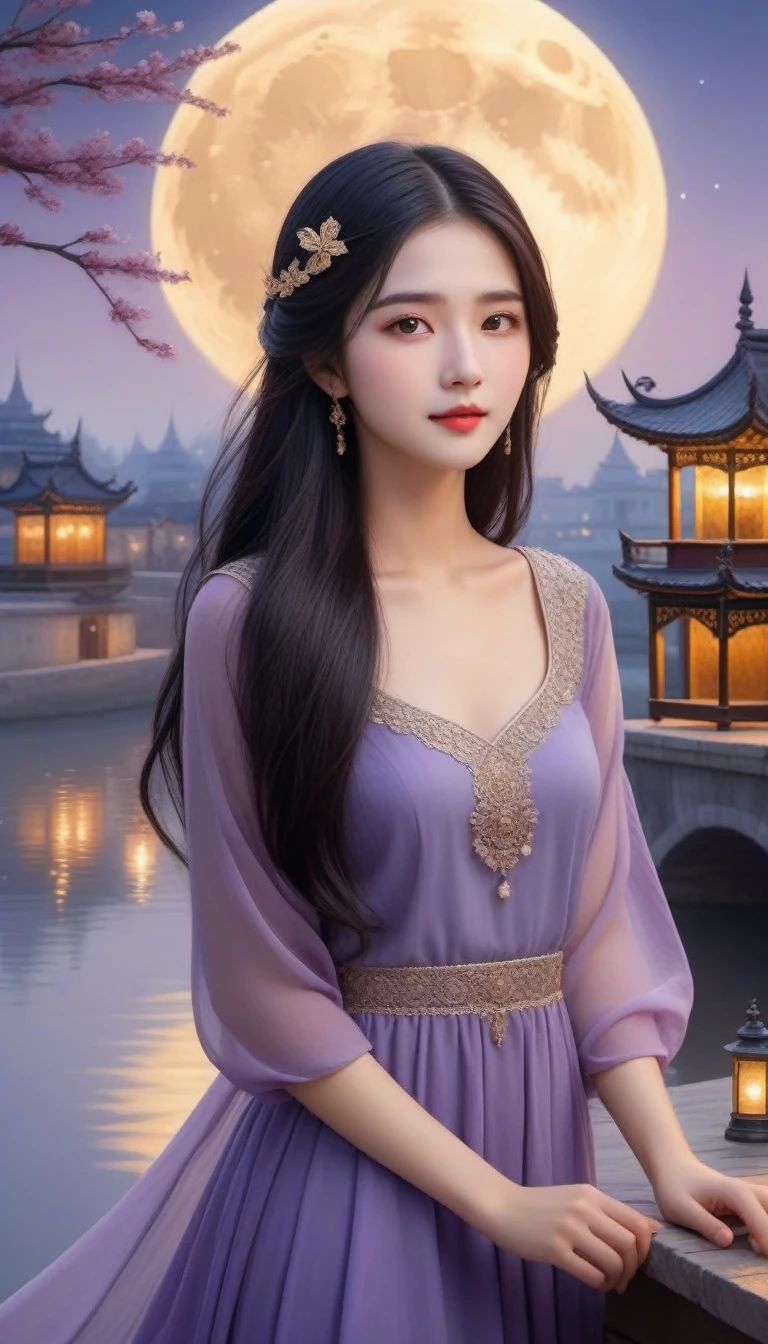 (best quality,ultra-detailed,realistic:1.37),oil painting,beautiful moonlit night scene,moon in the background,clouds floating gently,shadows dancing on the ground,soft moonlight casting a magical glow on the surroundings,ancient city with traditional architecture and lanterns illuminating the streets,flowers blooming in vibrant colors,winding pathway leading to a grand palace,peaceful river flowing through the city,traditional boats peacefully sailing on the river,graceful figure of a young woman,exquisite detailed eyes and face,long black hair flowing in the wind,delicate purple veil covering her face,flowing purple chiffon dress shimmering in the moonlight,butterflies fluttering around her,reflecting the beauty of the moonlight,a feeling of tranquility and mystery in the air.