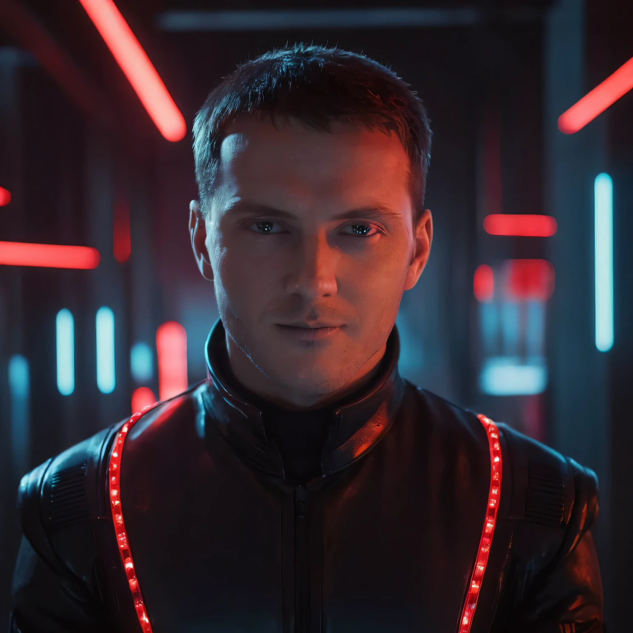 Cinematic ultra realistic centered 8k, male,very short haircut, looking into camera, full-face, In a shiny black mechanical android suit with red accents and lights with complex cybernetic implants, overcoat, closed background lit with red neon lights, well lit, cyberpunk, Award winning photo, Bokeh, red neon lights, cybernetic limbs