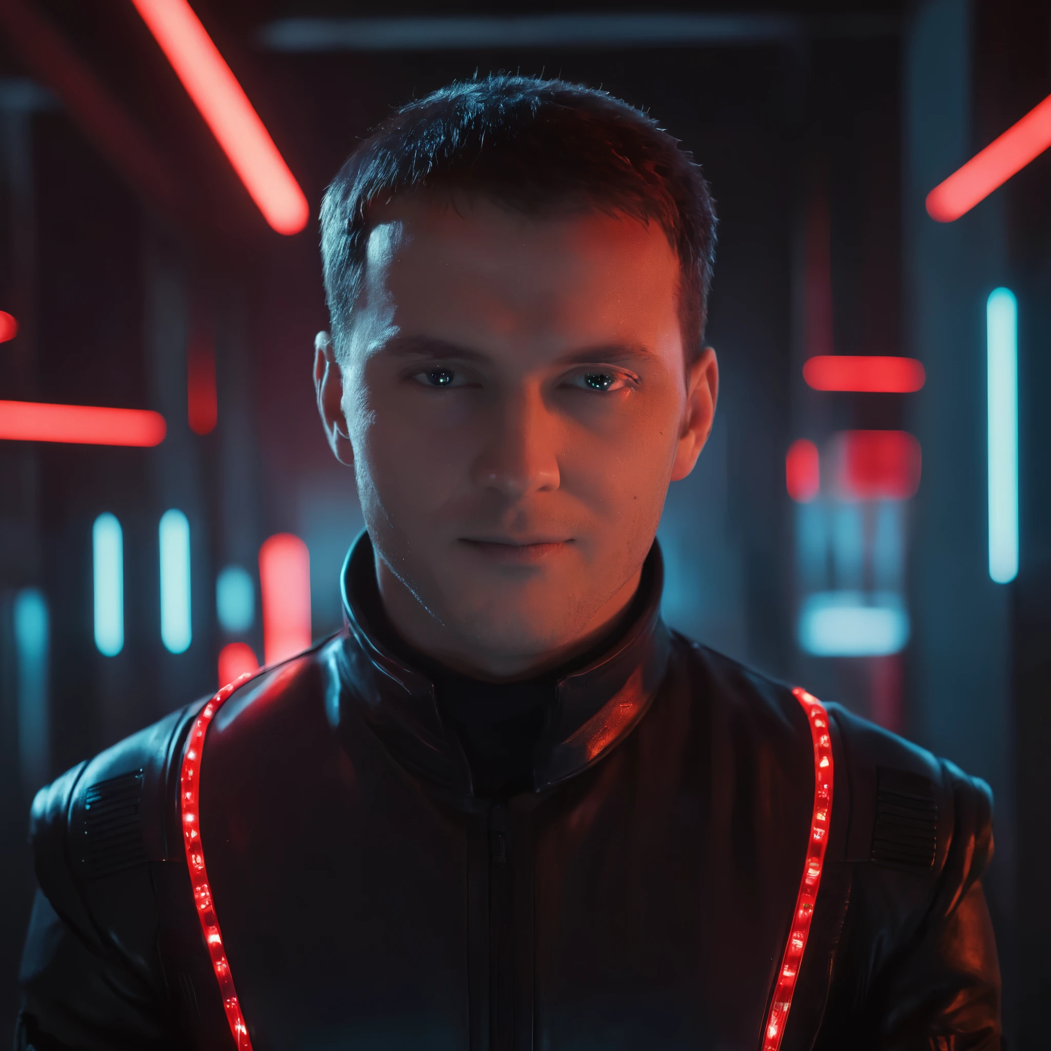 Cinematic ultra realistic centered 8k, male,very short haircut, looking into camera, full-face, In a shiny black mechanical android suit with red accents and lights with complex cybernetic implants, overcoat, closed background lit with red neon lights, well lit, cyberpunk, Award winning photo, Bokeh, red neon lights, cybernetic limbs