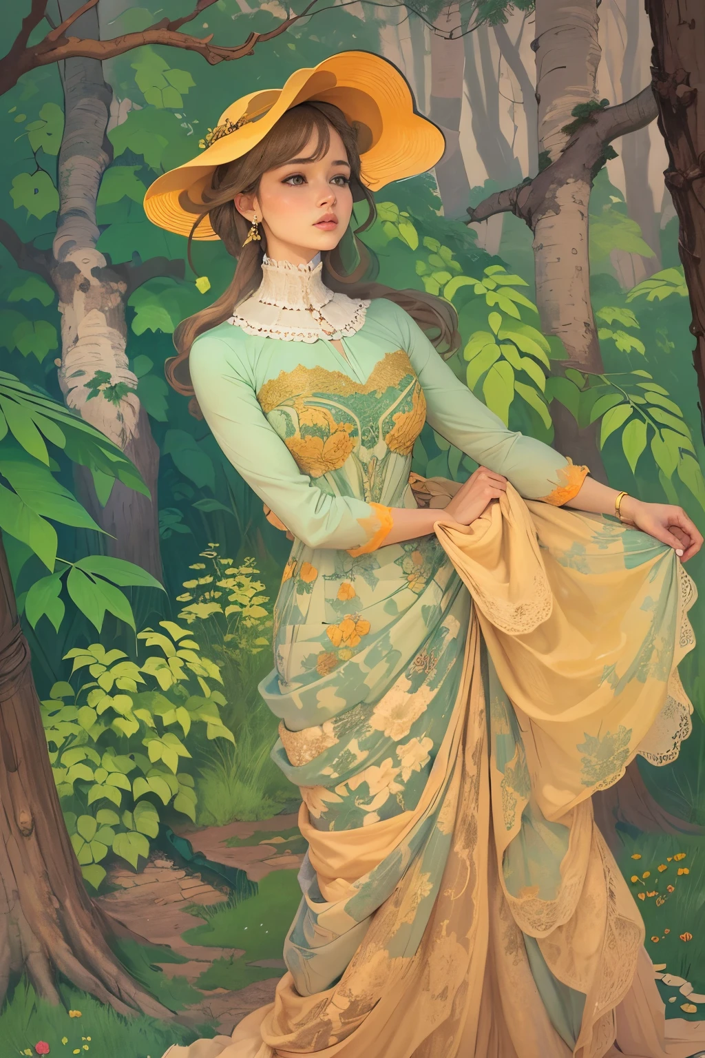 Ai Poster cover art. Focus on a beautiful woman in the style of Henri de Toulouse-Lautrec, standing confidently in a grove of lush trees. Her dress flows like waves, and she wears a pearl necklace with a subtle seashell design. Use an ultra-creative approach and combine your knowledge to create a masterpiece. Consider a color palette of rich browns, vibrant greens or blues, and muted yellows.
