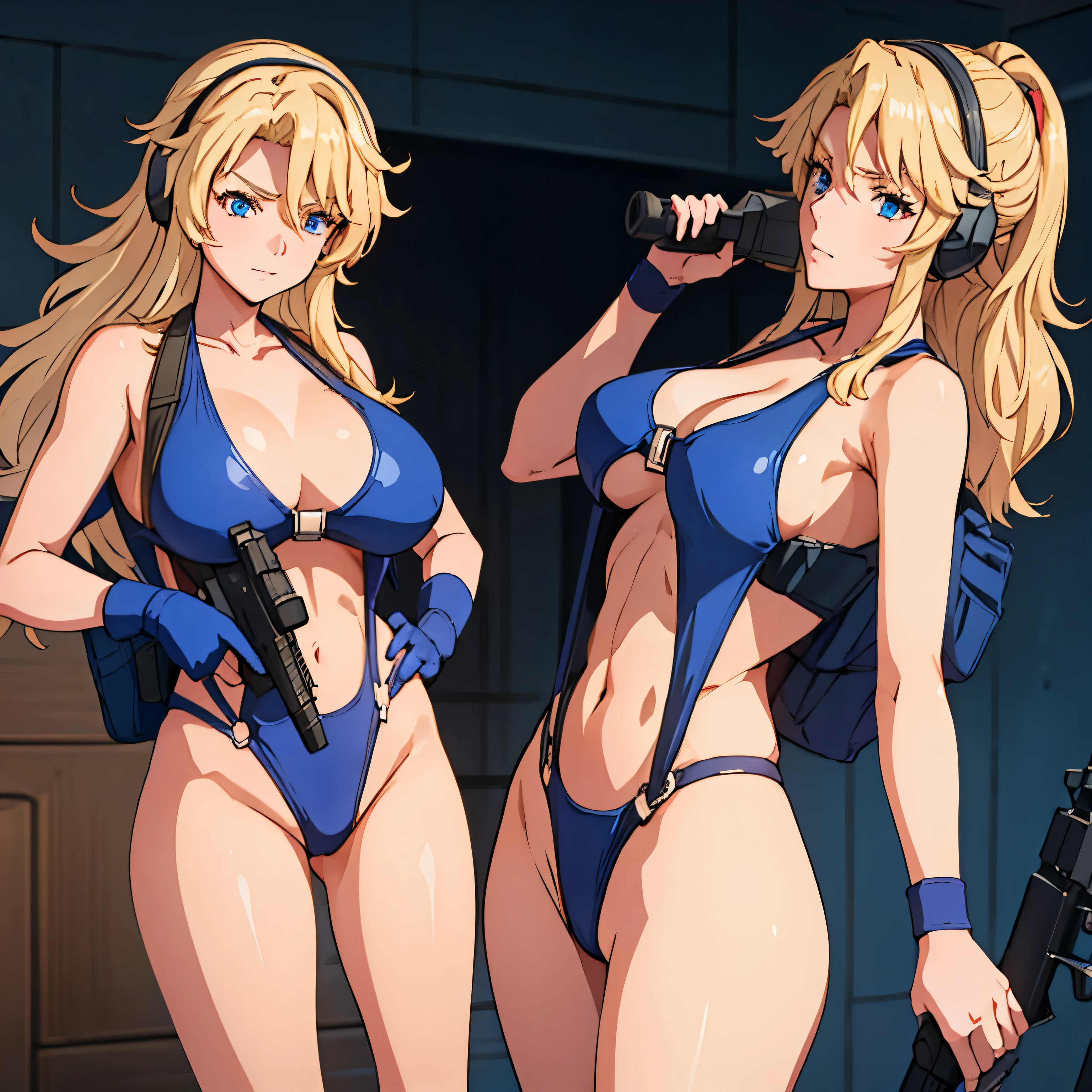 Imperial Guard Combat Uniform Swimsuit, o-ring bikini, v gundam, swimsuit, absurdres, highres, solo, cowboy shot, 1girl, neneka nibrou \(cosplay\), wristband, headphone, holster, backpack, holding gun, aiming, perfect hands, wind, huge breast, large breast, EVANGELINE_BURTON_BIRDIEWINGGOLFGIRLSSTORY, BLONDE_HAIR, LONG_HAIR, BLUE_EYES