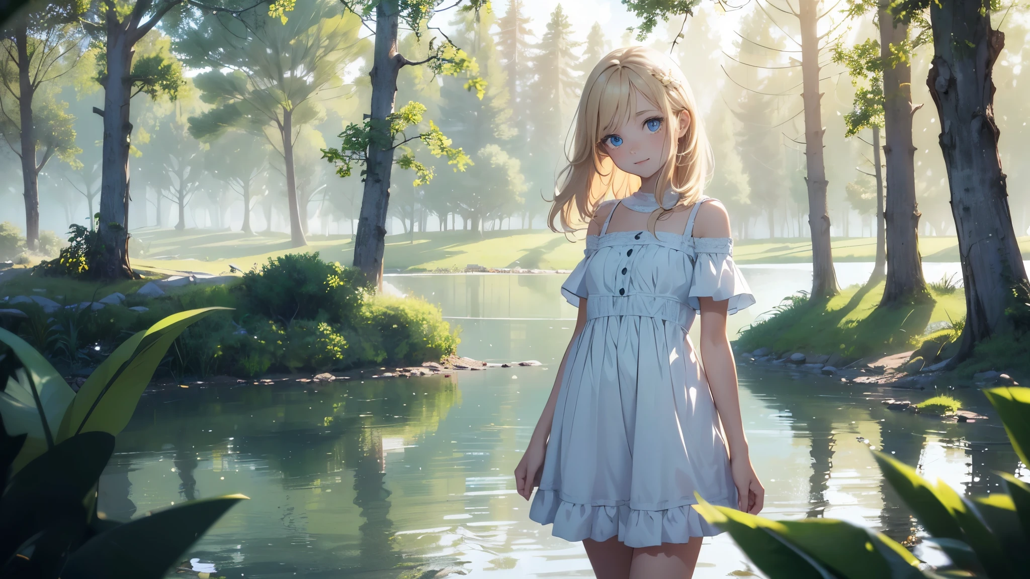 ((masterpiece,best quality,ultra detailed,ultra high res, artificial lake, forest in the distance)), soft realistic focus, Perfect Eyes, dynamic shadows, realistic image, vibrant colors,light leaks,dreamy atmosphere,chiaroscuro,BREAK 
experimental charm, The girl is depicted in full growth, girl , thin and tall, you see the girl from head to toe, nostalgic appeal, country girlfriend, she take you with yourself, simple open short dress, soft mischievous smile, freckles, blonde hair, slightly leaning forward, flashback of memories, blonde, holding your hand

