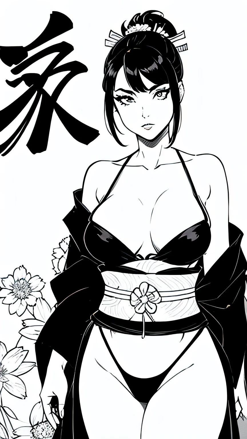 Mujer japonesa con katana, Samurai, tatuaje en el cuerpo, hermosa, rostro detallado, cuerpo completo, kimono sexy corto, ojos lindos, black and white image 