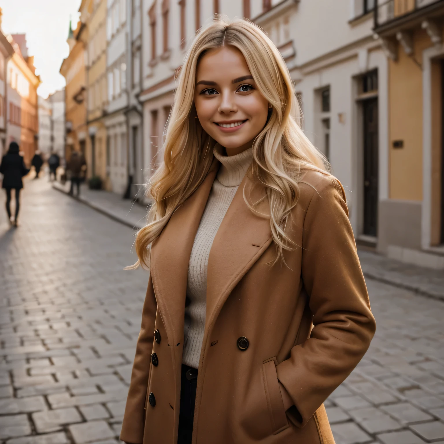 young blonde woman smile  in Riga, brown sexy coat fuul body golden hour 