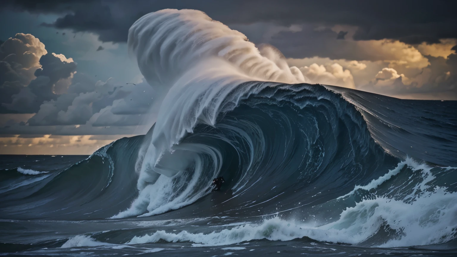 Animated depiction of a stormy night with dark clouds and crashing waves, as Lily is swept away by a colossal wave.
