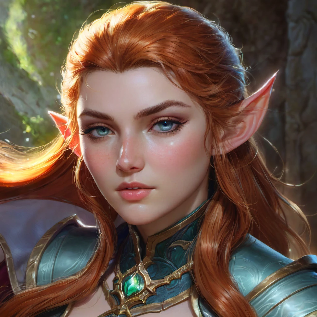 Dungeons & Dragons, aesthetic, dungeons and dragons, elf cleric character closeup portrait, dramatic light, dungeon background, 2 0 0 mm focal length, painted by stanley lau, painted by greg rutkowski, painted by stanley artgerm, high detail, real life skin, freckles, 8 k, stunning detail, works by artgerm, greg rutkowski and alphonse mucha, unreal engine