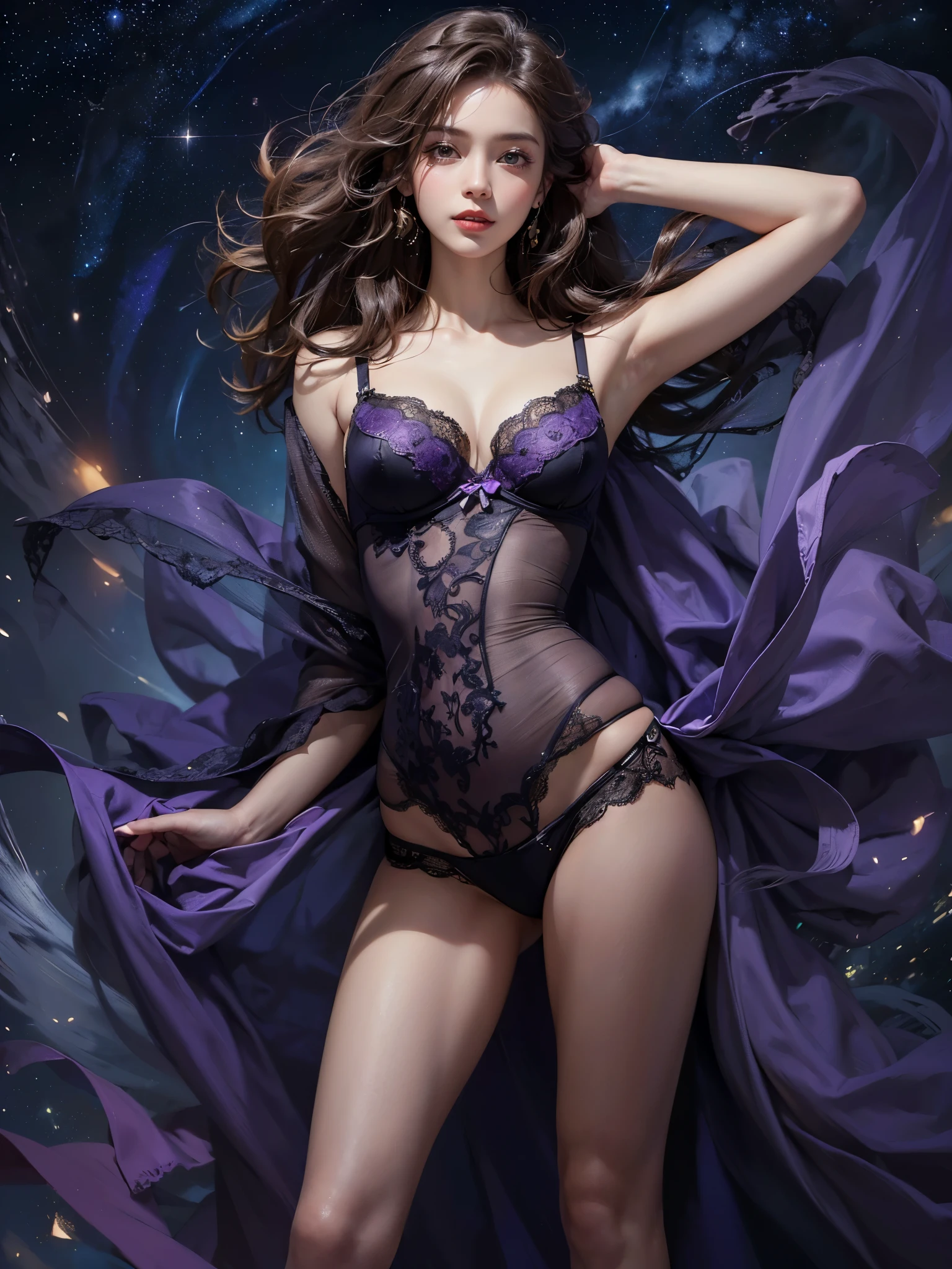 (best quality, masterpiece, ultra detailed, ultra high res, photorealistic, raw photo, absurdres, absolutely resolution:1.4),(An extremely delicate and beautiful work:1.3)(best quality color photo of a mysterious beautiful woman in a purple bra and pantie, haute couture fashion shoot, Advertising photo for luxury lingerie brand, medium long shot:1.5),
Brake French luxury lingerie brand, The brand concept is that lingerie gives women beauty, femininity, and confidence,
Brake (the lingerie has a bold, sensual, and romantic design, The design features delicate lace and exquisite curves that cannot be imitated anywhere else:1.2), Lingerie that makes a woman's body shine and makes her feel passionate, All ranked highest in the world, The ultimate lingerie that women all over the world aspire to, (very delicate lace lingerie:1.2), sexy lingerie, elegant and sophisticated fashion,
Brake (The woman is a 28-year-old global super model:1.4),(beautiful figure, Perfect female body,skinny physique:1.3), (she is the embodiment of beauty and allure), A very beautiful and sexually attractive woman, sensual and seductive, asian beauty,(her flowing hair cascades gracefully, perfectly complemented by tasteful and elegant makeup:1.3) ,(black hair), (detailed face), looking at viewer, detailed eyes, black eyes, lustrous lips ,(subtle smile),cleavage, (muscular),
Brake (the woman is standing on the balcony:1.1), (starry sky background:1.4),(elegant pose:1.2), glamorous fashion pose,Gentle and enigmatic expression, High color saturation,
