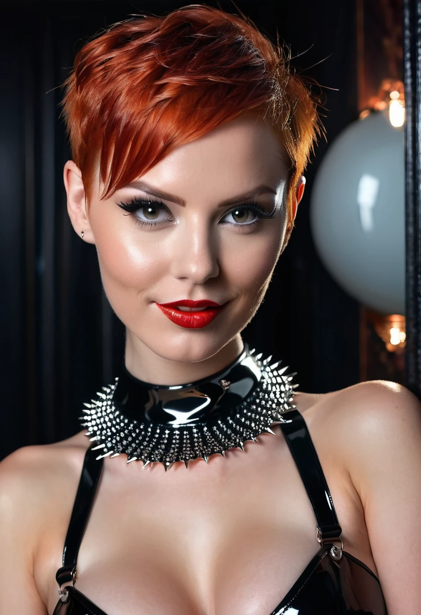 a lascivious young lady with long, short red pixie-haircut. highly detailed face. provocative smile, provocative posing. athletic body. amazing bosom. short tight black latex-dress. shiny. silver spiked Accessories. black spiked collar. posing in the spotlight inside of a black and silver fetish-room. mirror. night. moonlight. extravagant make-up. she is very lascivious and seductive. highly detailed, high quality. foto with Canon EOS 5D Mark IV