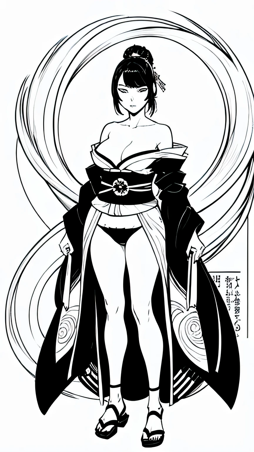 Mujer japonesa con katana, Samurai, tatuaje en el cuerpo, hermosa, rostro detallado, cuerpo completo, kimono sexy corto, ojos lindos, black and white image