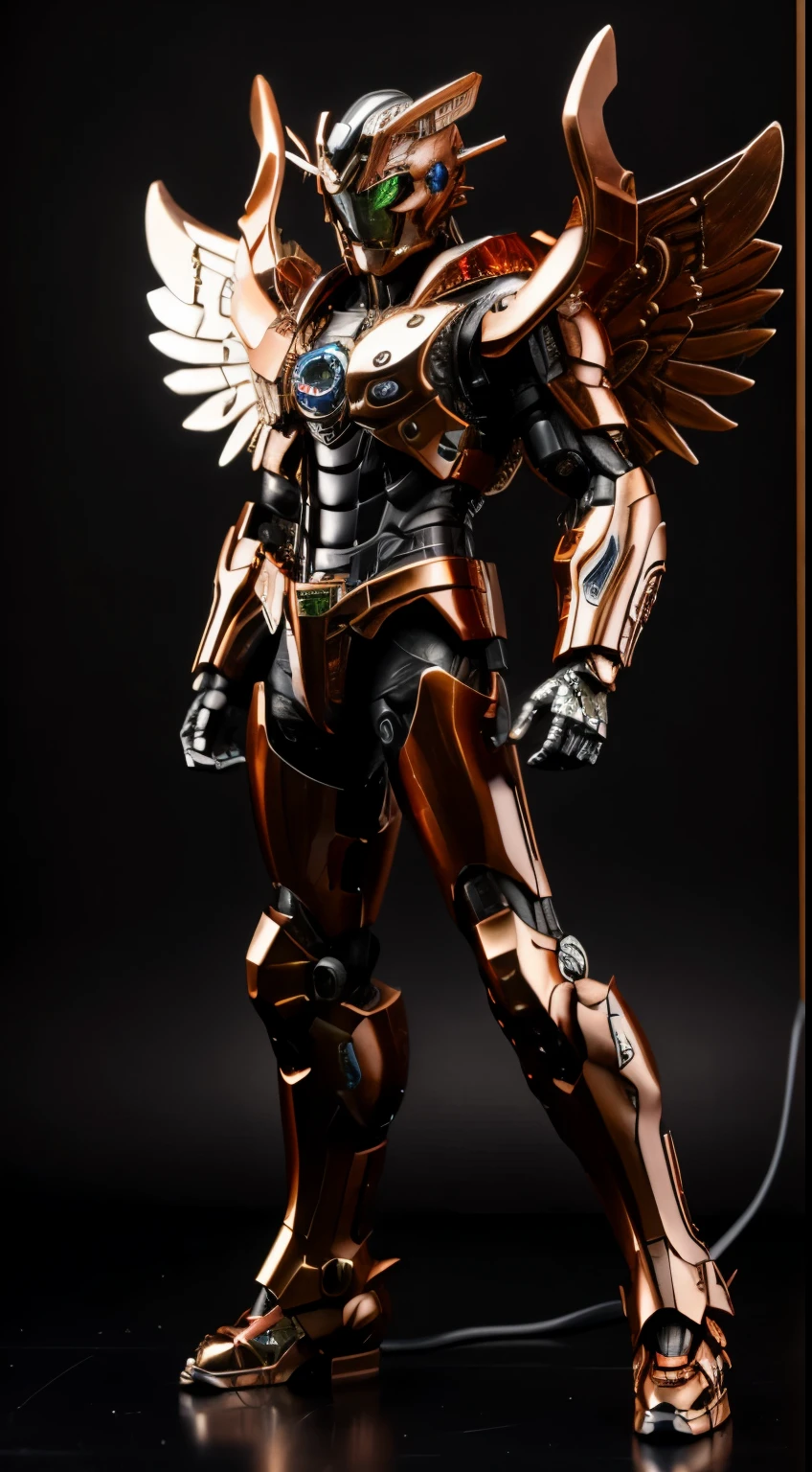 (top-quality:1.2, masterpiece)、ultra high resolution、extremely ultra surrealism, (Photorealsitic:1.4)、Raw photo、Steampunk Battle Cyborg fallen angel、large wings made of metal、black porcelain body、red hair、glowy skin、1 Cyborg boy、japanese, extremely handsome face, ((super realistic details))、portrait、globalillumination、Shadow、octan render、8K、ultrasharp、character edge light、Details of complex ornaments、Acrylic Clear Cover、Sumerian details、Hydraulic cylinder、Small LED lamp、highly intricate detail、Realistic light、a purple eye、radiant eyes、Facing the camera、neon details、cowboy shot、Futuristic headgear、About Cyberpunk
