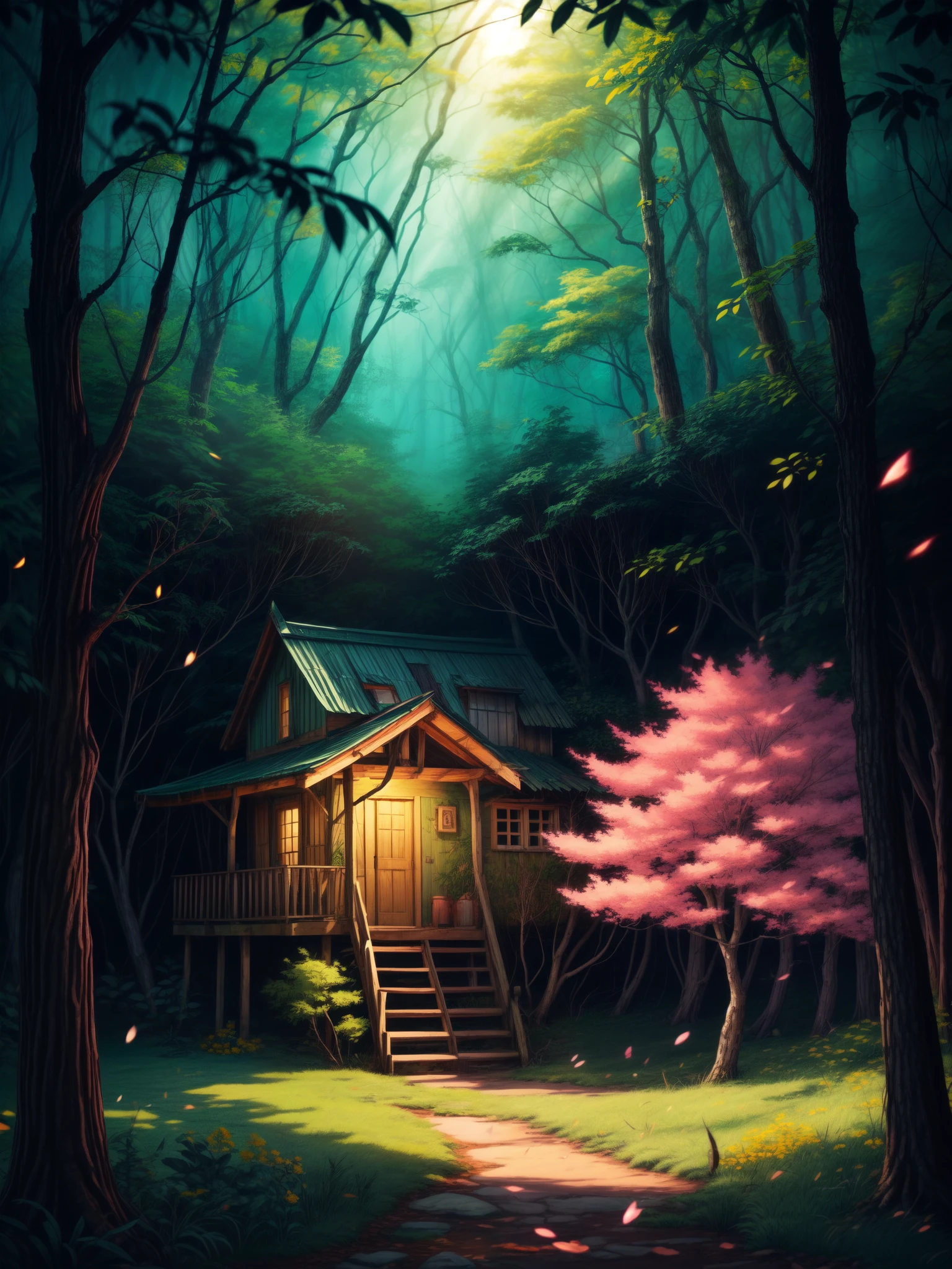 wide view, dense jungle, ancient broken stairs pampas grass, depth of field, pink trees with yellow flowers, flowing with wind, magical, cinematic, glow on foliage, sunlight filtering through trees, broken abandoned hut, bright volumetric light, peaceful scene, movie scene, light shining on part of foliage, micro landscape, intrinsic details