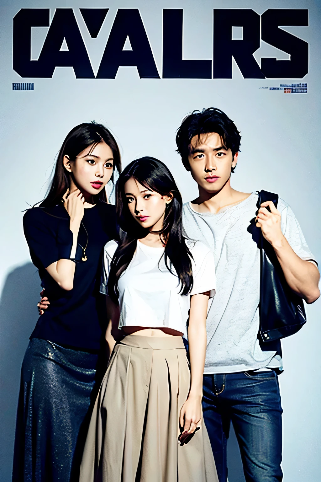 A movie poster poster with a man in casual wear on the right and a woman in casual wear in the middle,long skirt