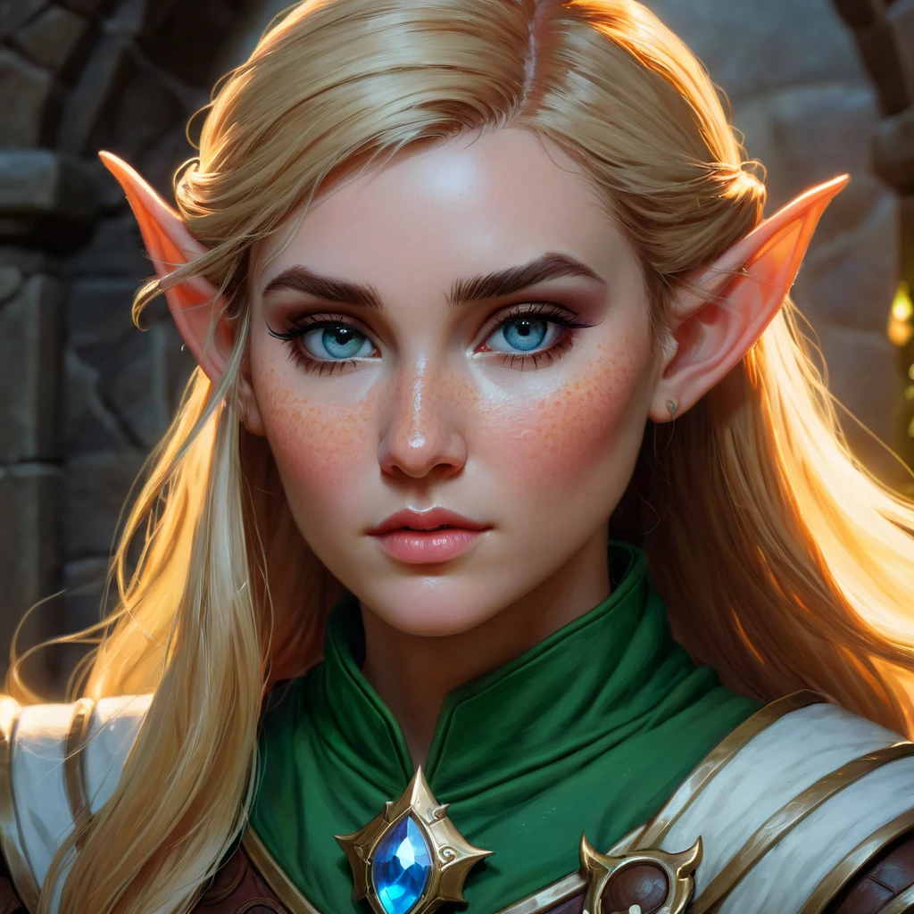 Dungeons & Dragons, aesthetic, dungeons and dragons, elf cleric character closeup portrait, dramatic light, dungeon background, 2 0 0 mm focal length, painted by stanley lau, painted by greg rutkowski, painted by stanley artgerm, high detail, real life skin, freckles, 8 k, stunning detail, works by artgerm, greg rutkowski and alphonse mucha, unreal engine