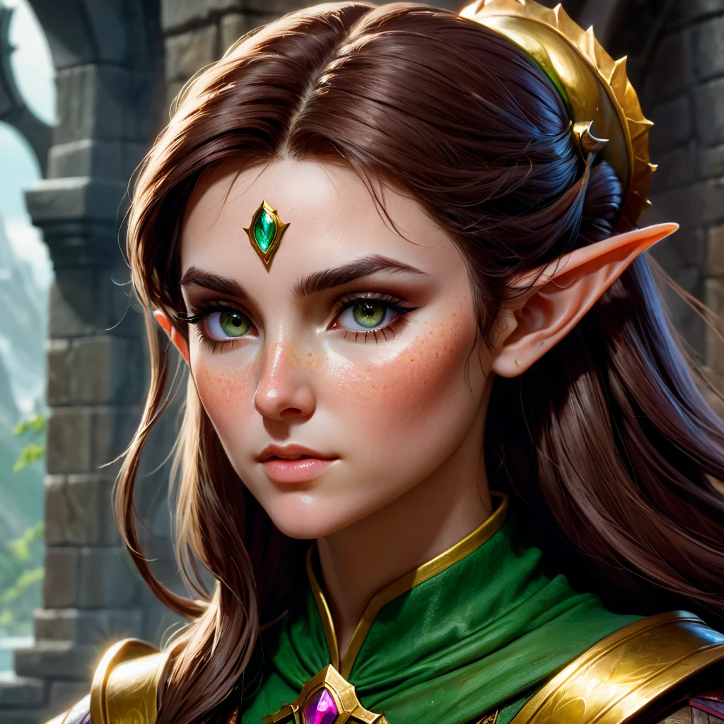 Dungeons & Dragons, aesthetic, dungeons and dragons, elf cleric character closeup portrait, dramatic light, dungeon background, 2 0 0 mm focal length, painted by stanley lau, painted by greg rutkowski, painted by stanley artgerm, high detail, real life skin, freckles, 8 k, stunning detail, works by artgerm, greg rutkowski and alphonse mucha, unreal engine