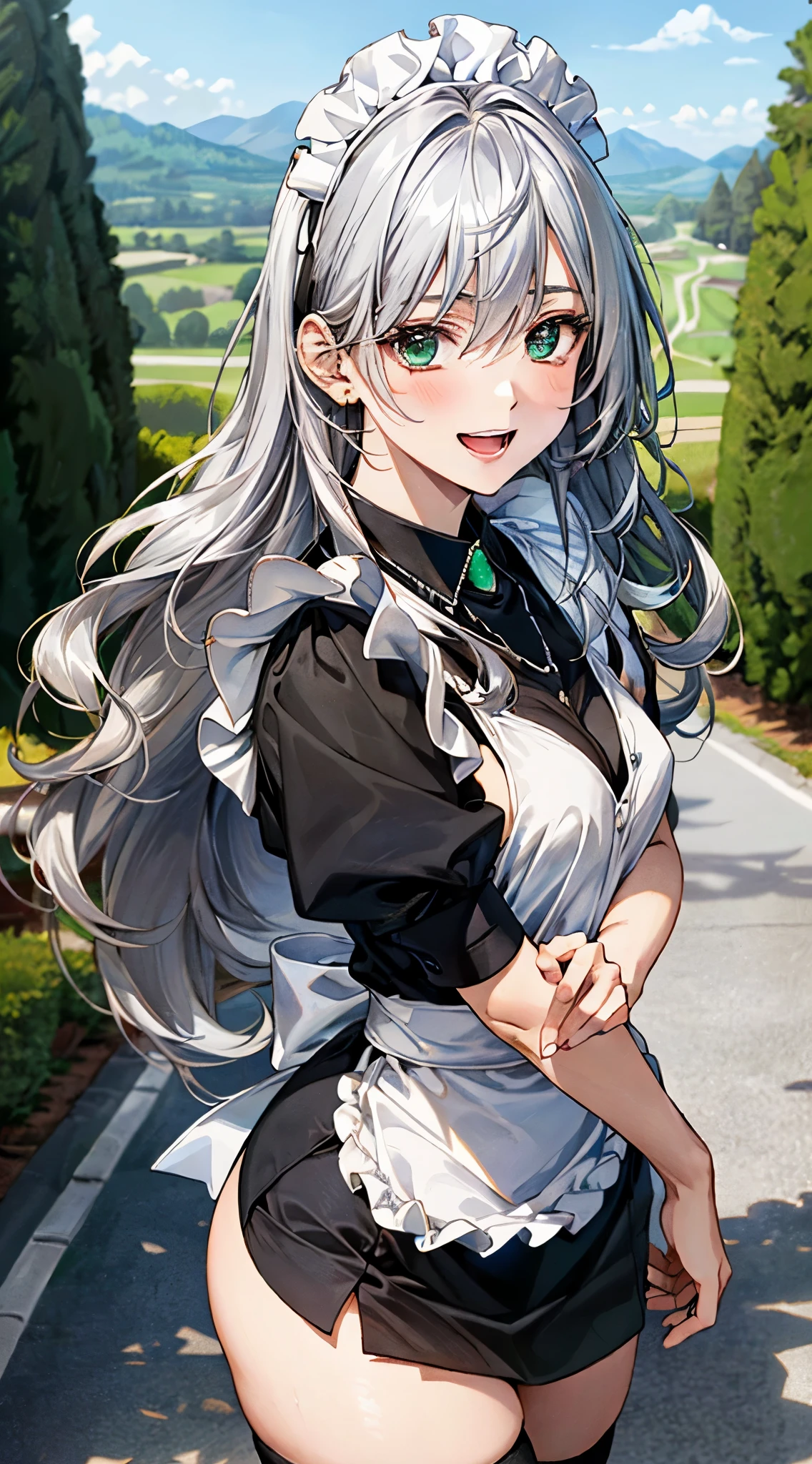 (masterpiece:1.3, top-quality), ultra high res, ultra detailed, (realistic, photorealistic:1.4), beautiful illustration, perfect lighting, colorful, depth of fields, ,
looking at viewer, (face focus, upper body), 1 girl, solo, hight school girl, , (large breasts:0.8, large ass, seductive thighs, skindentation),
(long hair, wavy hair, silver hair), hair between eyes, emerald green eyes, drooping eyes, big eyes, shiny skin,
beautiful hair, beautiful face, extremely detailed face, beautiful detailed eyes, beautiful clavicle, beautiful body, beautiful chest, beautiful thigh, beautiful legs, beautiful fingers,
(beautiful scenery), daytime, (outdoors),
((detailed cloth texture, miniskirt maid, maid head dress, thigh-highs)), garnet necklace,
standing,, (lovely smile, upper eyes, open mouth small),