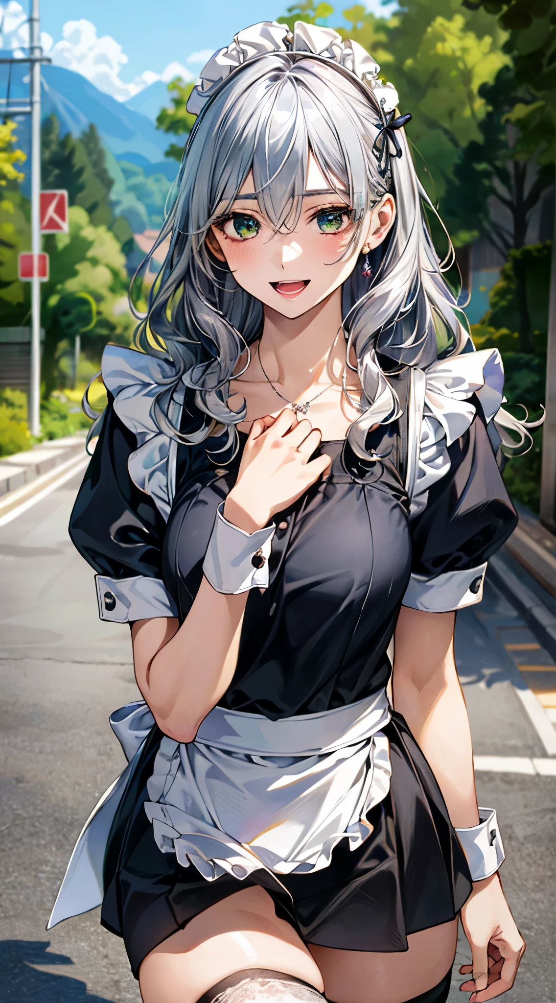 (masterpiece:1.3, top-quality), ultra high res, ultra detailed, (realistic, photorealistic:1.4), beautiful illustration, perfect lighting, colorful, depth of fields, ,
looking at viewer, (face focus, upper body), 1 girl, solo, hight school girl, 14 years old, (large breasts:0.8, large ass, seductive thighs, skindentation),
(long hair, wavy hair, silver hair), hair between eyes, emerald green eyes, drooping eyes, big eyes, shiny skin,
beautiful hair, beautiful face, extremely detailed face, beautiful detailed eyes, beautiful clavicle, beautiful body, beautiful chest, beautiful thigh, beautiful legs, beautiful fingers,
(beautiful scenery), daytime, (outdoors),
((detailed cloth texture, miniskirt maid, maid head dress, thigh-highs)), garnet necklace,
standing,, (lovely smile, upper eyes, open mouth small),