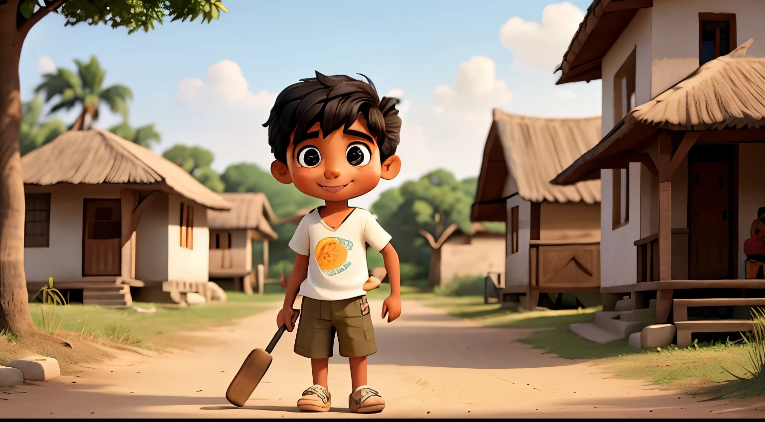 Describe Raju, a cheerful and curious kid playing in a small village. Kind hearted.