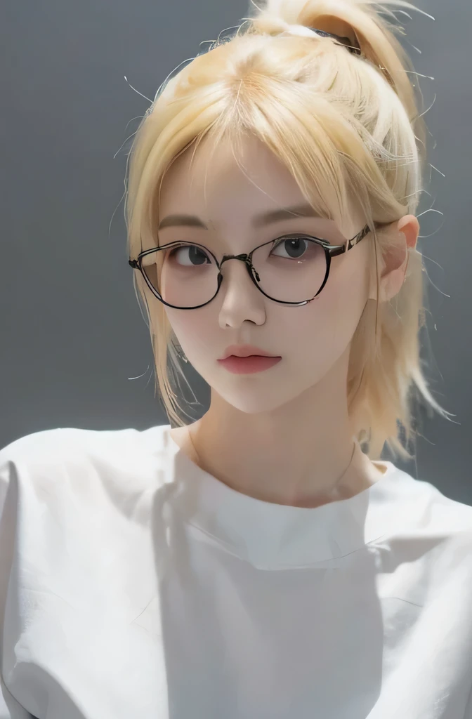 blonde hair dye, Yellow hair, an Asian, korean, glasses, 22 years old, female college student, ponytail, White skin, Approximation, very slightly plump, normal sized face, whole body, university, Blackclothes, whole body appears, short hair, see through, red bridge head, red eye makeup, Footjob, sex, voluptuous body