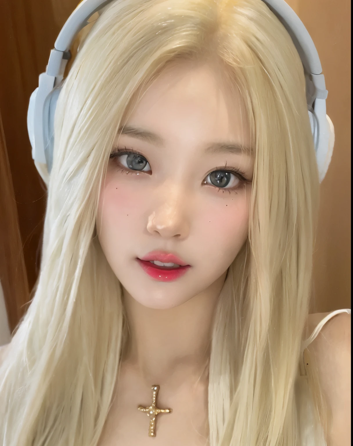 Chica rubia con auriculares y collar cruzado posando para una foto, maquillaje popular de corea del sur, ulzzang, pale korean adorable face, linda delfina, pale milky white porcelain, pale round face, it&#39;s a girl,pircing n el labio y ceja, ojos celeste oscuro.