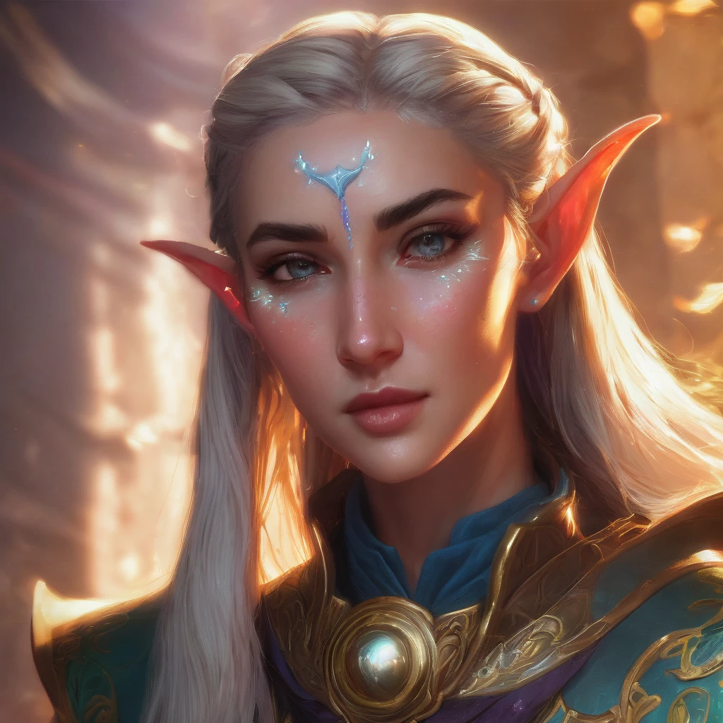 Dungeons & Dragons, aesthetic, dungeons and dragons, elf cleric character closeup portrait, dramatic light, dungeon background, 2 0 0 mm focal length, painted by stanley lau, painted by greg rutkowski, painted by stanley artgerm, high detail, real life skin, freckles, 8 k, stunning detail, works by artgerm, greg rutkowski and alphonse mucha, unreal engine