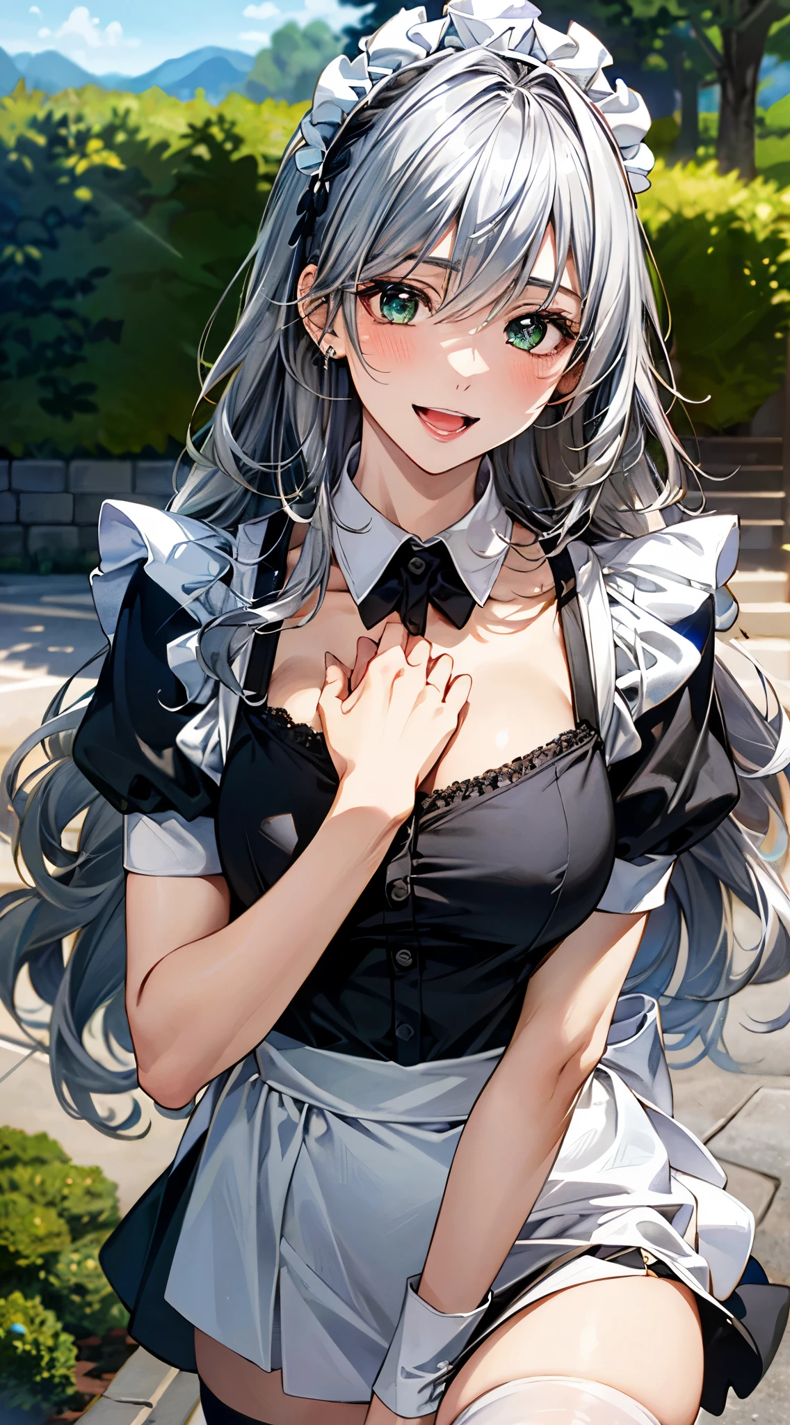 (masterpiece:1.3, top-quality), ultra high res, ultra detailed, (realistic, photorealistic:1.4), beautiful illustration, perfect lighting, colorful, depth of fields, ,
looking at viewer, (face focus, upper body), 1 girl, solo, hight school girl, , (large breasts:0.8, large ass, seductive thighs, skindentation),
(long hair, wavy hair, silver hair), hair between eyes, emerald green eyes, drooping eyes, big eyes, shiny skin,
beautiful hair, beautiful face, extremely detailed face, beautiful detailed eyes, beautiful clavicle, beautiful body, beautiful chest, beautiful thigh, beautiful legs, beautiful fingers,
(beautiful scenery), daytime, (outdoors),
((detailed cloth texture, miniskirt maid, maid head dress, thigh-highs)), garnet necklace,
,, (lovely smile, upper eyes, open mouth small),
