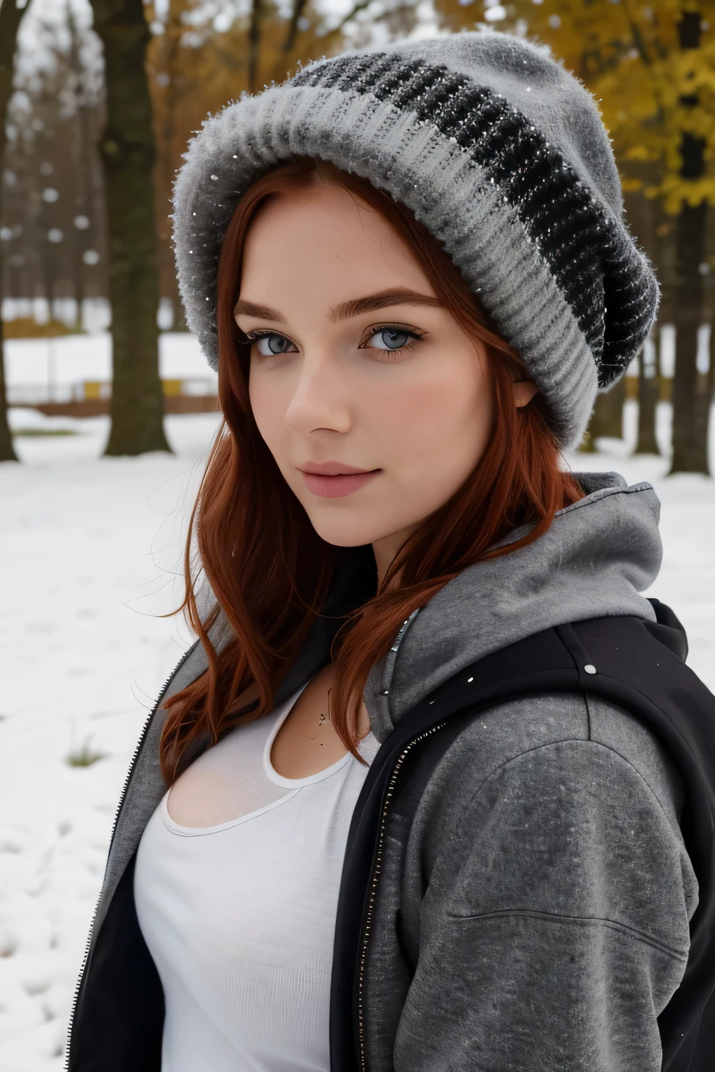 1 fille dans, 19 ans, seulement, Aesthetic work, rousse irlandaise, wavy red hair, cheveux roux mi-longs, yeux gris, yeux gris clair, quelques petites taches de rousseur, pale skin, Une tasse, gros seins, E cup, giant tits,m naturels, bonnet e, corps des coureurs, (textured skin, pores de la peau:1.1), (taupes:0.8), peau imparfaite, chair de poule, dehors dans le parc de la ville, Chemin de pierre, Neige, end of year weather'automne, (Fond d'extremely detailed 8k screen), soft lighting, high quality, grain de film, Mise au point nette du Fujifilm XT3, f5.6, 50mm, high detail, sharpness,(natural light), (veste d'hiver noire: 1.3), pull-over, leggings, crazy details, intricate details, super detailed, porter leggings de sport bleu