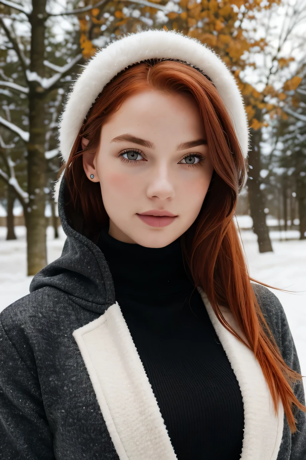 1 fille dans, 19 ans, seulement, Aesthetic work, rousse irlandaise, wavy red hair, cheveux roux mi-longs, yeux gris, yeux gris clair, quelques petites taches de rousseur, pale skin, Une tasse, gros seins, E cup, giant tits,m naturels, bonnet e, corps des coureurs, (textured skin, pores de la peau:1.1), (taupes:0.8), peau imparfaite, chair de poule, dehors dans le parc de la ville, Chemin de pierre, Neige, end of year weather'automne, (Fond d'extremely detailed 8k screen), soft lighting, high quality, grain de film, Mise au point nette du Fujifilm XT3, f5.6, 50mm, high detail, sharpness,(natural light), (veste d'hiver noire: 1.3), pull-over, leggings, crazy details, intricate details, super detailed, porter leggings de sport bleu