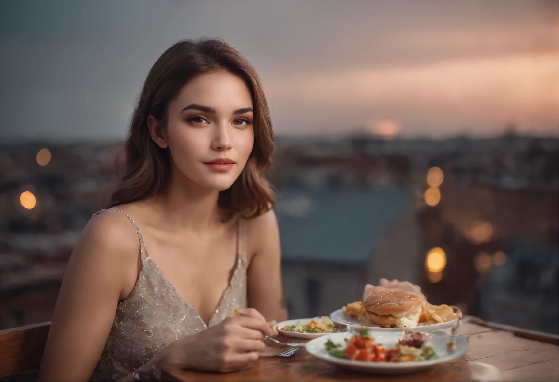 Create a high quality photograph featuring a gorgeous young lady having dinner at a rooftop restaurant. Set the scene with vivid details, capturing the ambiance, the view from the rooftop, the delicious food, and the emotions of the young lady as she enjoys her meal under the stars.