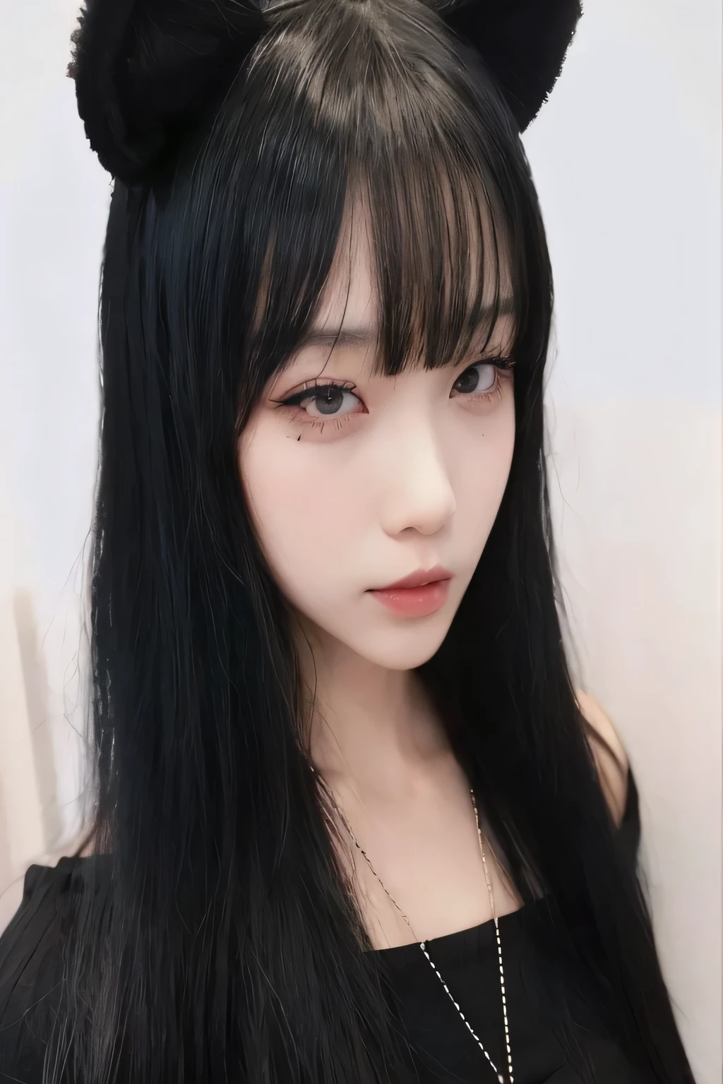 a close up of a woman with long black hair wearing a black top, black hair black cat ears, black hime cut hair, ulzzang, long black hair with bangs, hair blackbangs hair, girl with cat ears, she has black hair with bangs, very beautiful cute catgirl, cruel korean goth girl, anime girl with cat ears