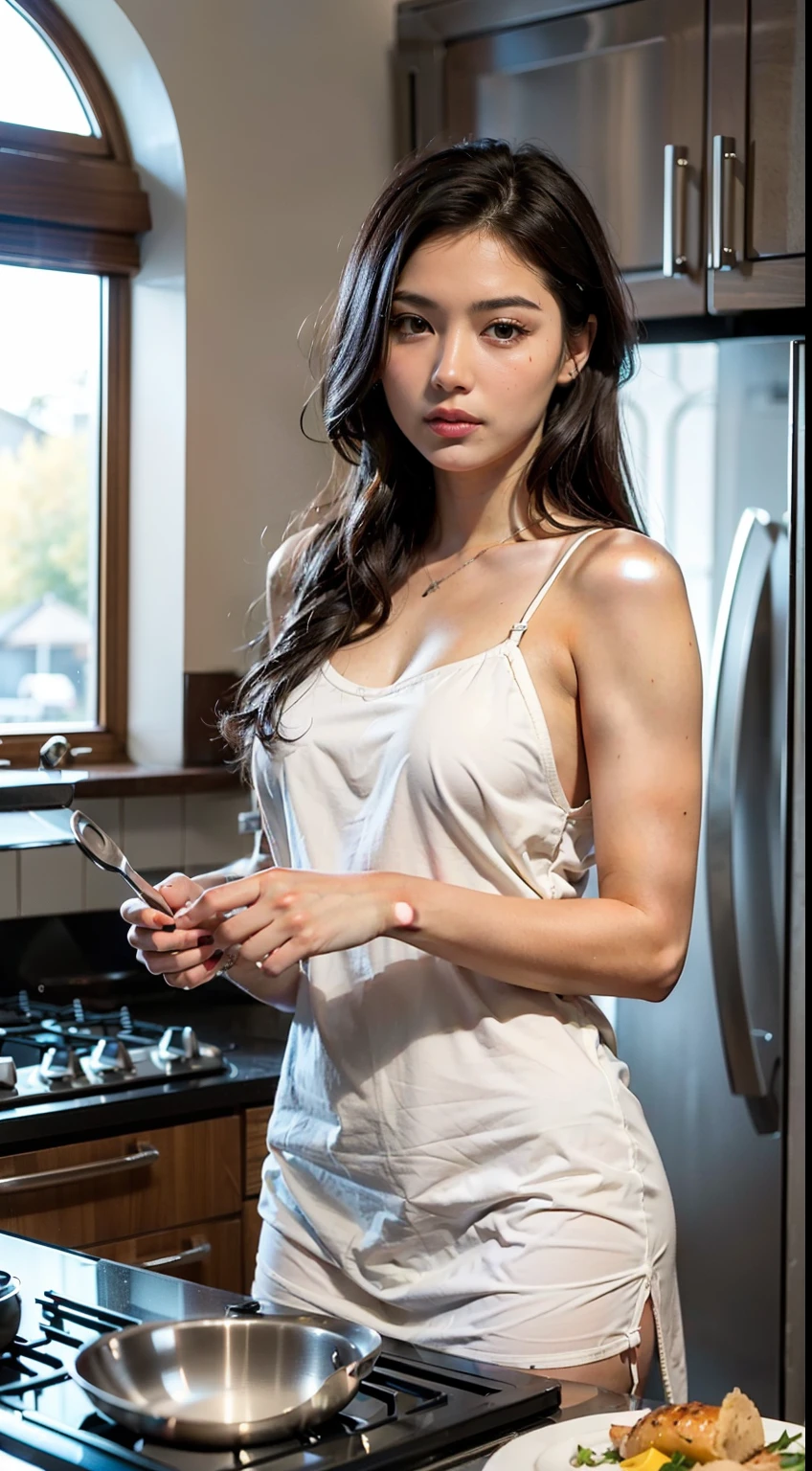 very beautifull girl. 25 years old girl. (RAW photo, 4k, masterpiece, high res, extremely intricate) (photorealistic:1.4), dark cinematic dark lighting, sexy pose, night dress. low light. long hair. brown hair. . big . sagging .
1girl, solo focus, summer noon, hot, 1990s \(style\),cowboy shot, in the kitchen. luxurious kitchen set. expensive cooking equipment. cooking. microwave. glass. refrigerator. dishwasher. plate. wok. stove.