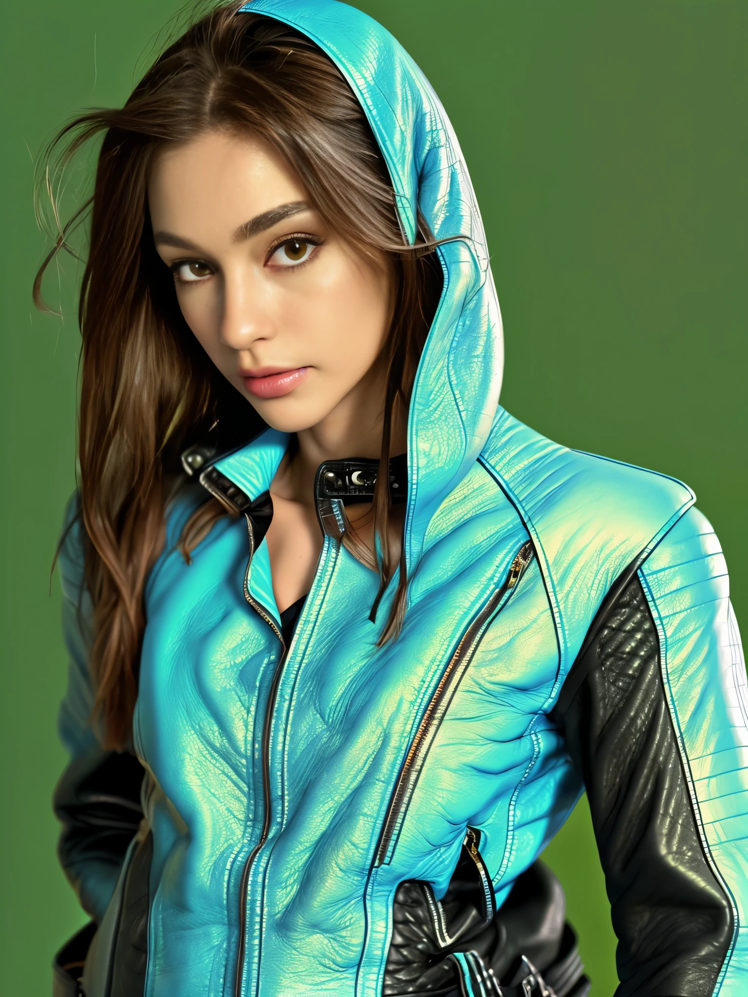 full body photo, 1girl, Allein, Allein focus, Cowboy-Schuss, portrait, ((slimm tight leather jacket): 1.8), Aqua green and white hoodie, halb Aqua, half green, ((braune Haare)), (gelbes Haar), (Farbverlaufshaar :1.5), Lockige haare, ((rosa Augen)), hyperdetaillierte Augen, tan, (Karamell dunkle Haut:1.1), best quality, ultradetailliert, White background, einfacher Hintergrund