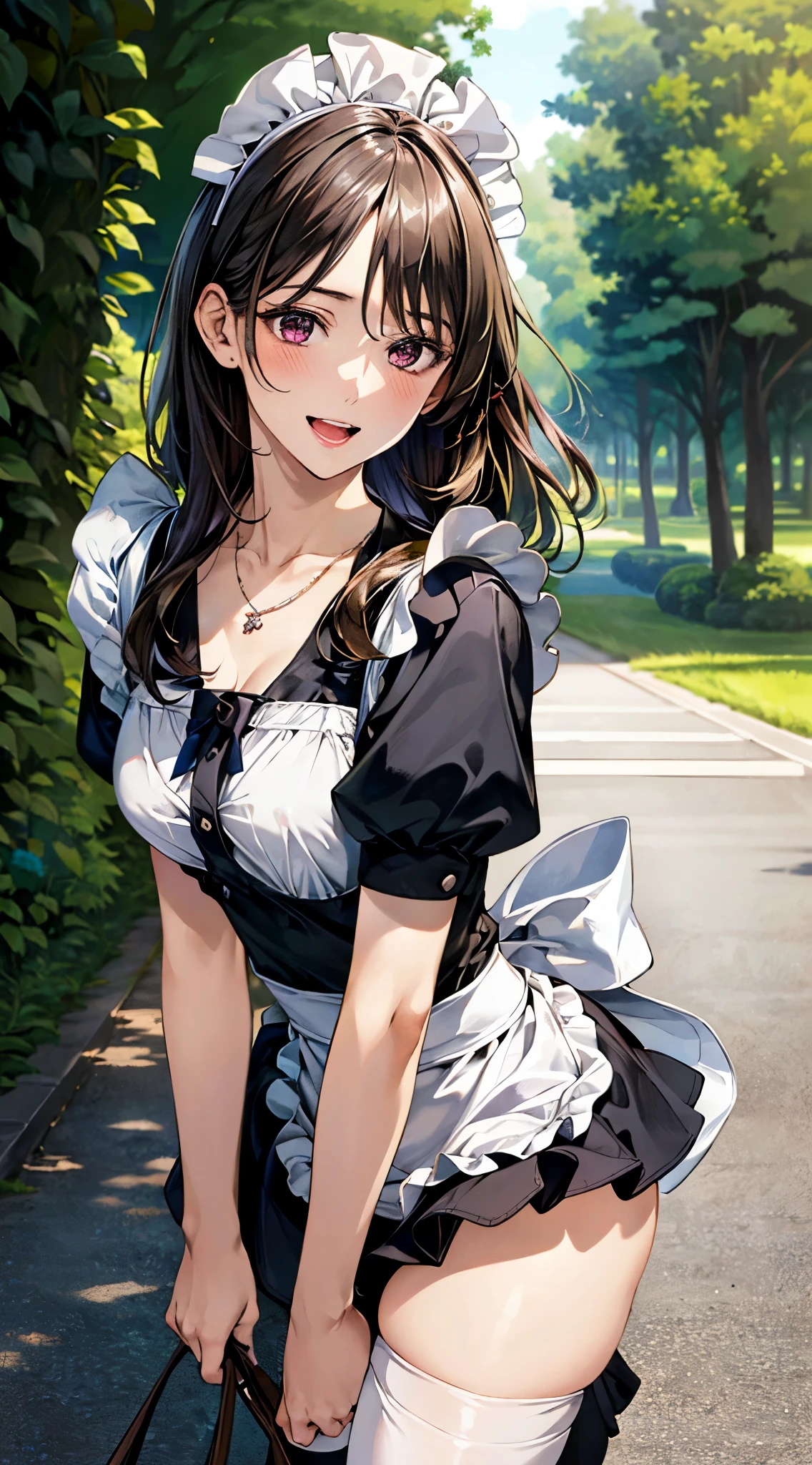 (masterpiece:1.3, top-quality), ultra high res, ultra detailed, (realistic, photorealistic:1.4), beautiful illustration, perfect lighting, colorful, depth of fields, , 
looking at viewer, (face focus, upper body), 1 girl, solo, hight school girl, 14 years old, (large breasts:0.8, large ass, seductive thighs, skindentation),
, shiny skin, 
beautiful hair, beautiful face, extremely detailed face, beautiful detailed eyes, beautiful clavicle, beautiful body, beautiful chest, beautiful thigh, beautiful legs, beautiful fingers, 
(beautiful scenery), daytime, (outdoors),
((detailed cloth texture, miniskirt maid, maid head dress, thigh-highs)), garnet necklace, 
,, (lovely smile, upper eyes, open mouth small), 