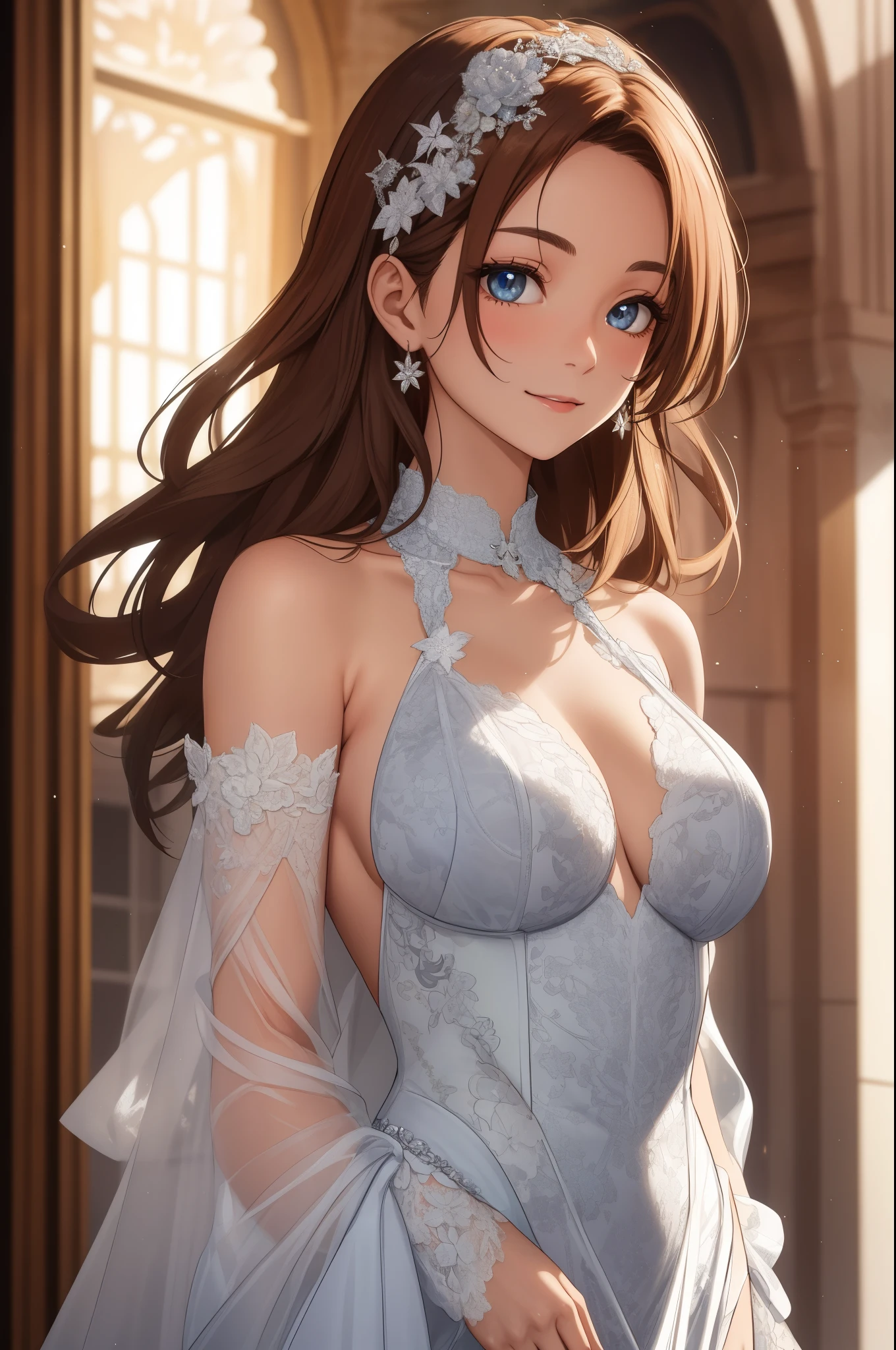 Kousaka honoka,wearing a luxurious dress, exquisitely designed with intricate patterns of light pink lace adorning her body. The dress features a captivating silhouette with sheer sleeves delicately draping over her arms.
Her lustrous sun-kissed hair intertwines in an eye-catching hairstyle, elegantly wrapped back with some strands cascading freely over your shoulders, adding an unmatched elegance to her look.
Standing in an upscale setting, your appearance is complemented by your enchanting facial expressions. Her eyes sparkle with happiness and confidence, while her soft smile reflects an unparalleled charm. Her elegant and poised pose highlights her beauty and femininity with grace and sophistication befitting the upscale location her inhabit.
This vision embodies the epitome of elegance in all its forms, showcasing natural beauty in its finest form.