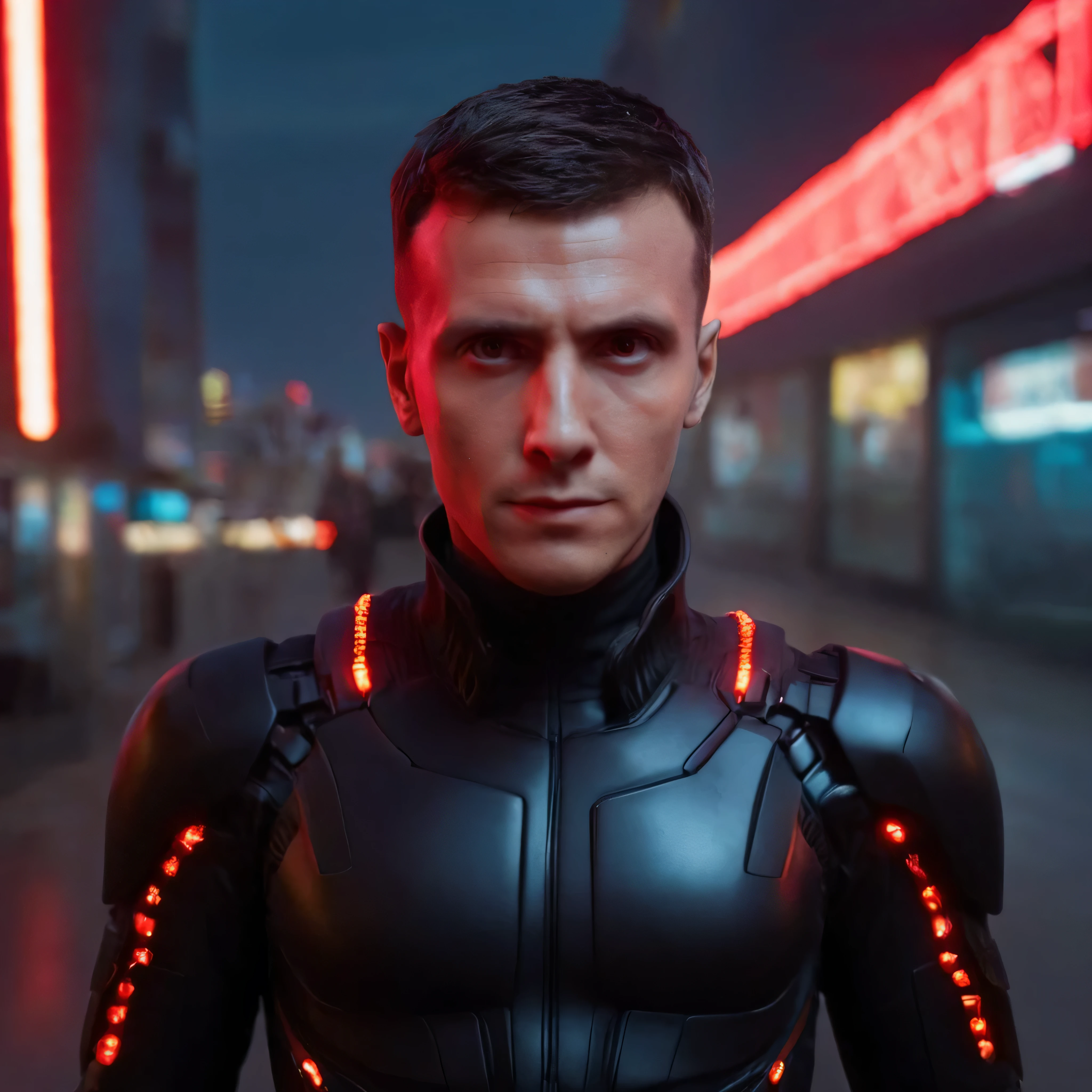 Cinematic ultra realistic centered 8k, male,very short haircut, looking into camera, full-face, In a shiny black mechanical android suit with red accents and lights with complex cybernetic implants, overcoat, closed background lit with red neon lights, well lit, cyberpunk, Award winning photo, Bokeh, red neon lights, cybernetic limbs